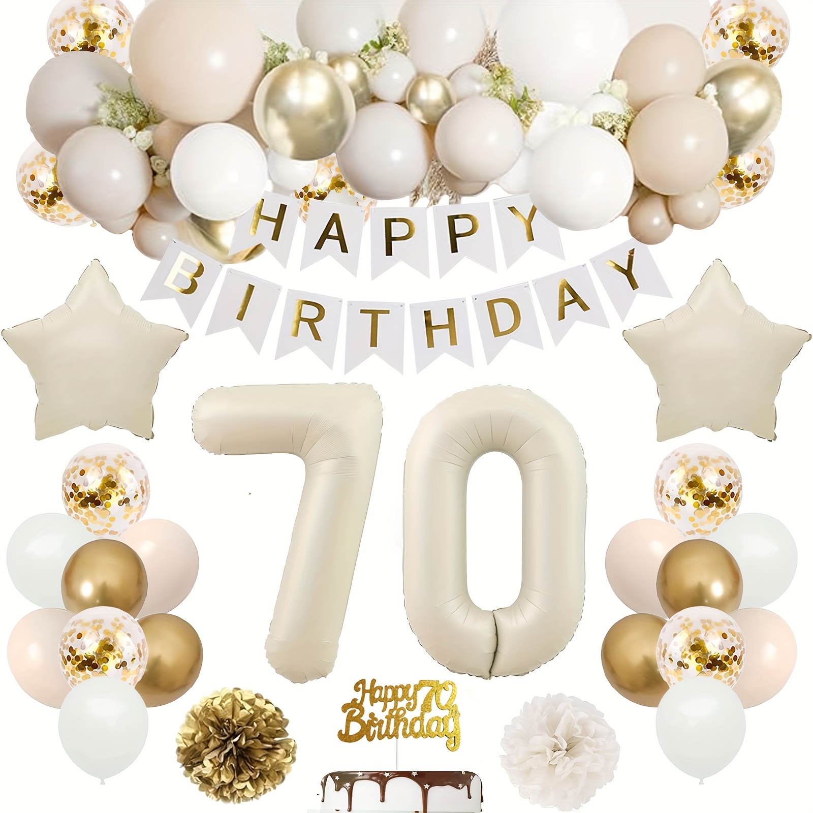 

70th Birthday Celebration Kit - 32" Foil Balloons, Cream & Golden Happy Birthday Banner, Pom Poms - Perfect For Men & Women