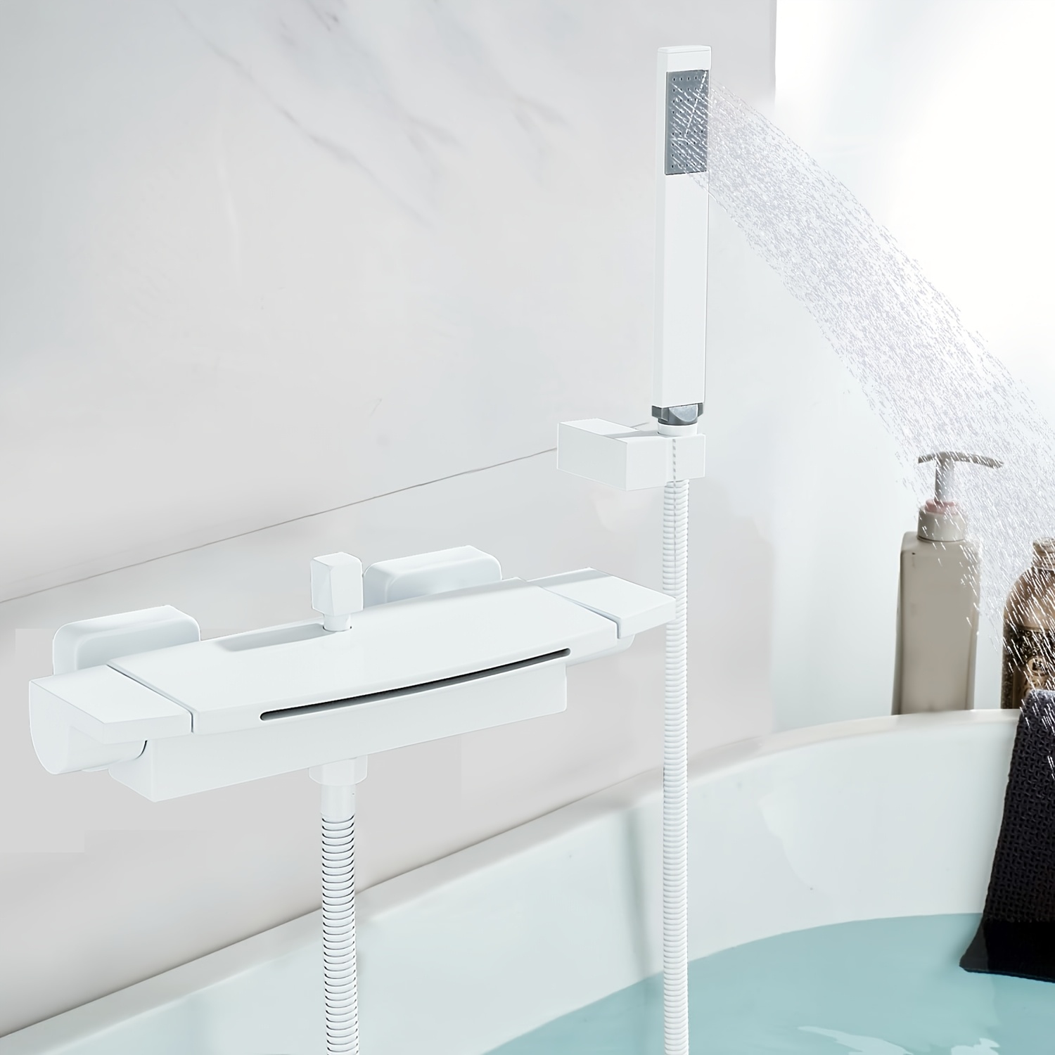 Image of Wall-mounted Waterfall Roman Bathtub Faucet With Handheld Shower - Mixer Tap, Matte Black Suitable For Bath/shower, Valve, Splitter System For Hot/cold Water, Modern Bathing Fixture