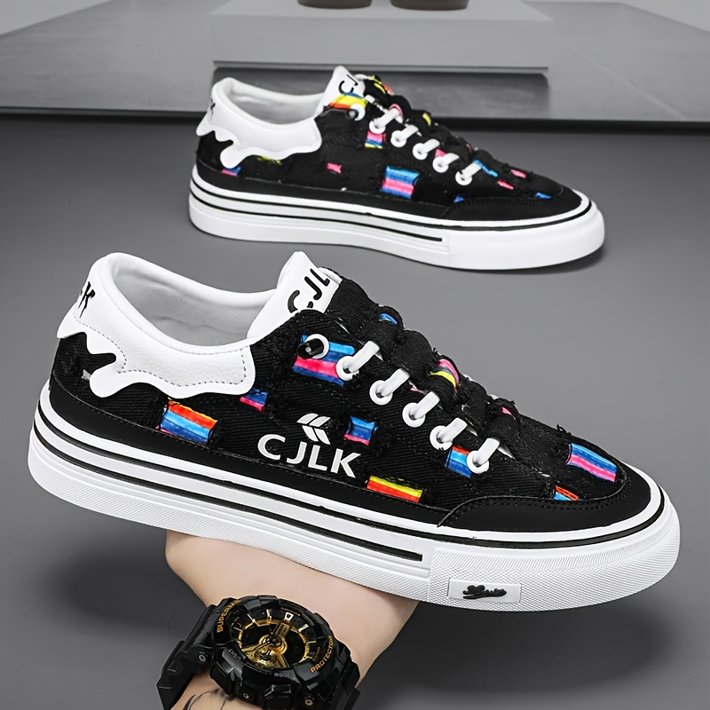 Men'S Colorful Striped Low-Top Canvas Sneakers - Black with White Sole, Lace-Up Casual Shoes for All-Season Wear, Streetwear Style, Round Toe Design, Sneakers | Trendy Streetwear | Durable PVC Sole
