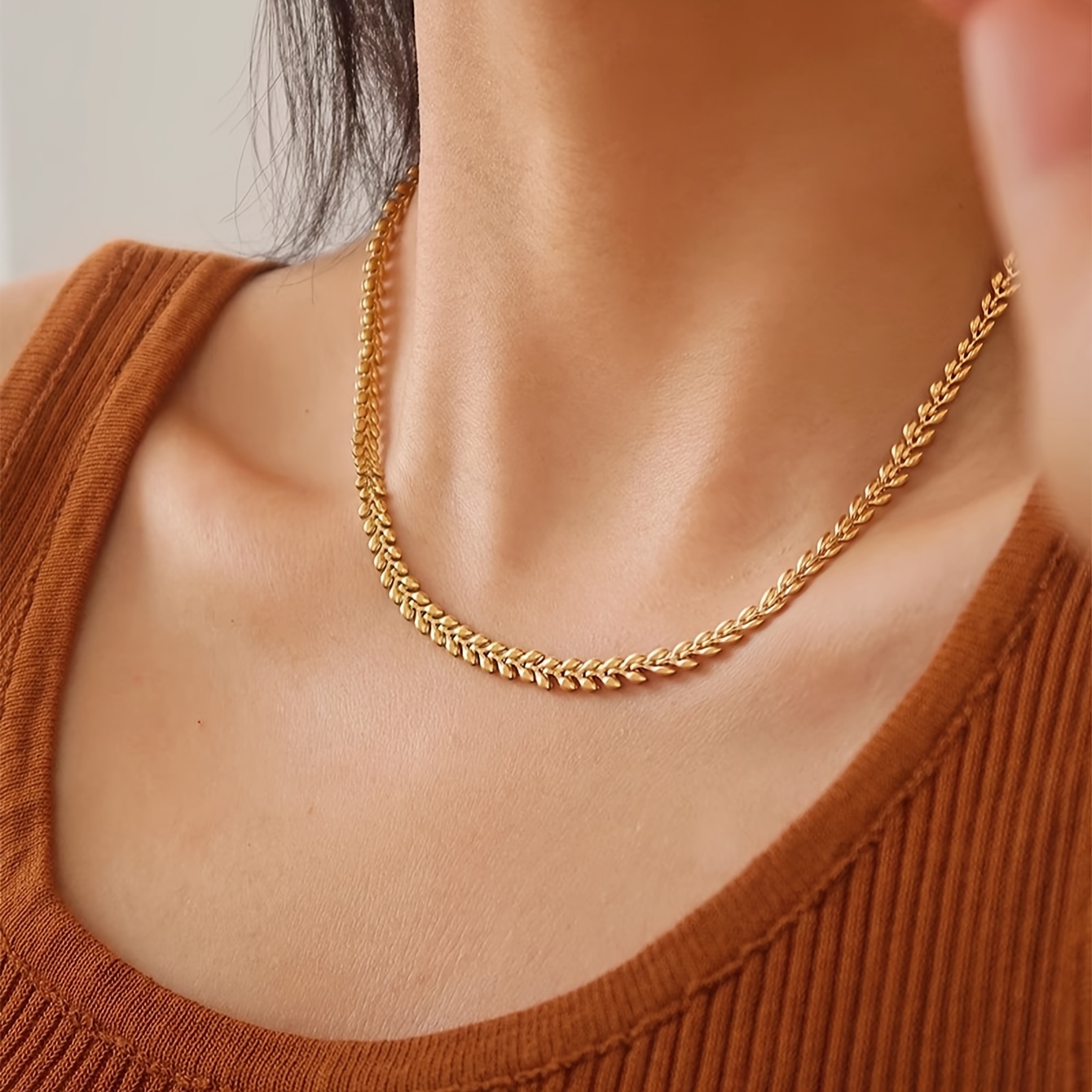 

1 Pc Simple Golden Wheat Design Necklace Stainless Steel Jewelry Vintage Punk Style For Women Collarbone Chain