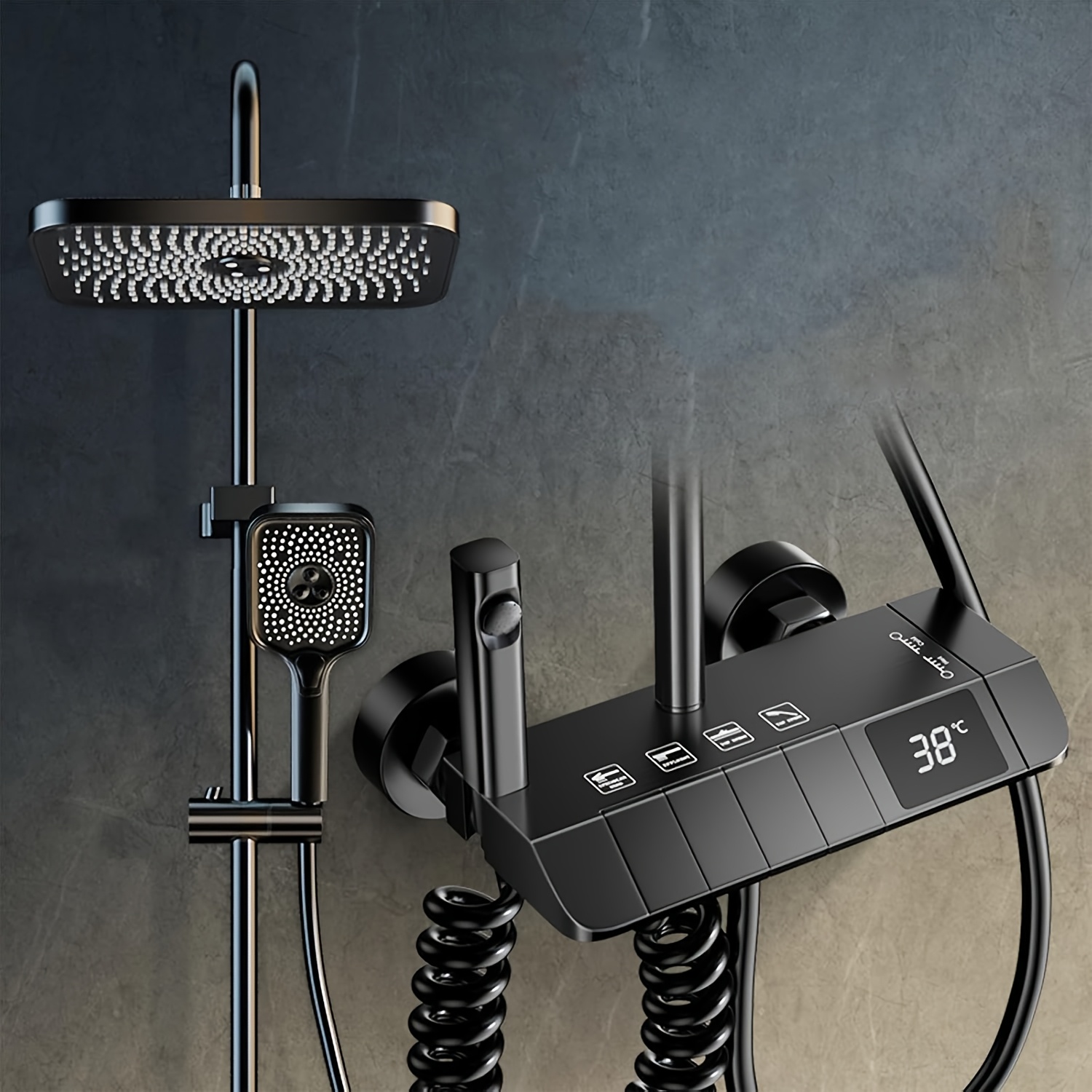 TEMU Shower System, Shower Faucet Set, Wall-mounted Rain Shower Assembly, Featuring Piano (matte Black/gray) With Bathtub Spout, Handheld Showerhead,