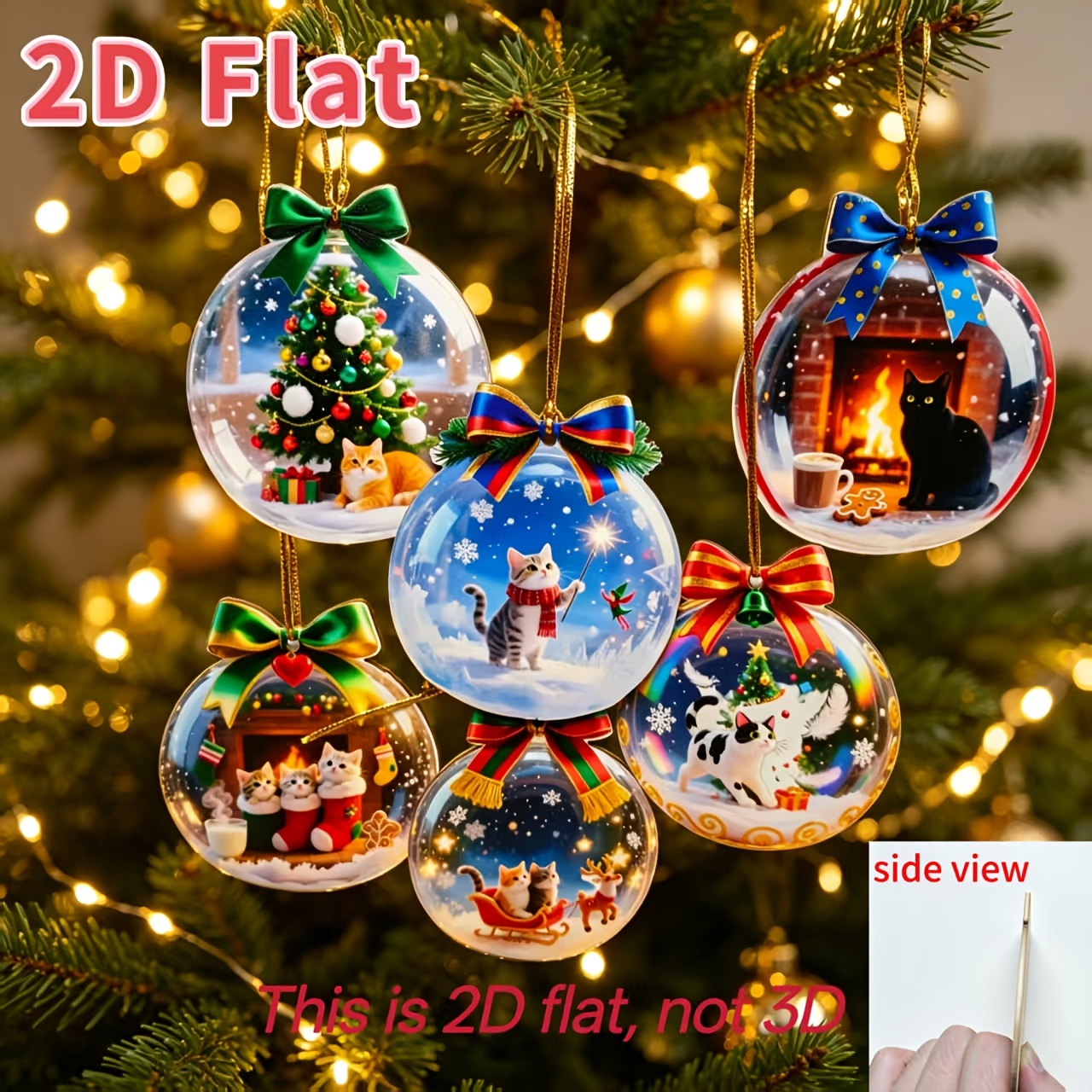 TEMU Set di 6 ornamenti natalizi 2D , gattini carini, fiocchi rotondi in legno piatto da appendere, ornamenti per albero di Natale con gattini,