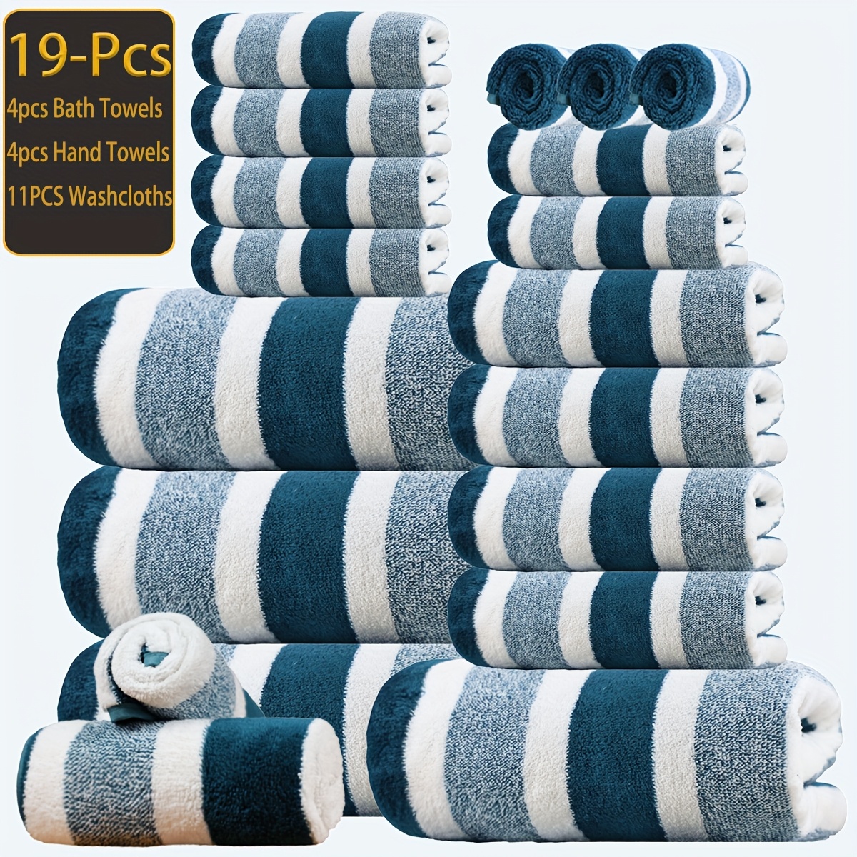 19pcs Dark Color Wide Striped Coral Fleece Bath Towel And Bathrobe Set, Super Absorbent, Includes 4 Bath Towels, 4 Regular Towels, 11 Hand Towels, Ideal For Hotels, Home, Travel, And Spa