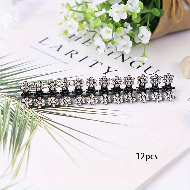 Set Of 12 Mini Hair Claw Clips For, Featuring 0.8-inch Flower Designs With Rhinestones, Designed To Prevent Slipping, Additions For Women And Teens
