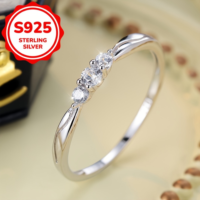 TEMU A Simple And Sterling Silver Ring With 3 Small White Zircons, Suitable For Weddings, As A Gift For Mother, 1.4g