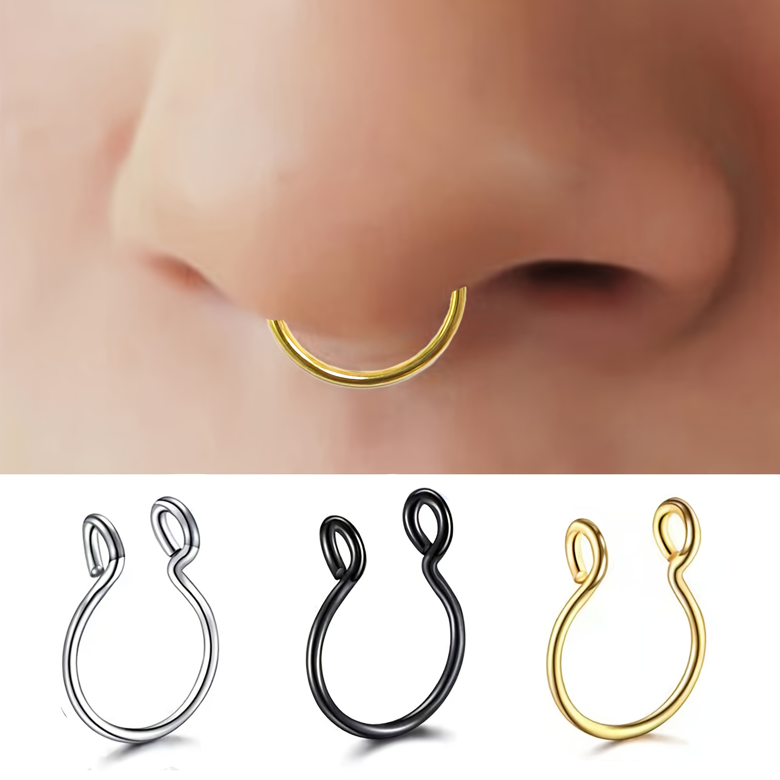 3pcs/unisex, Ribbed Fake Nose Ring Stainless Steel Adjustable Nose Ring, No Piercing Required