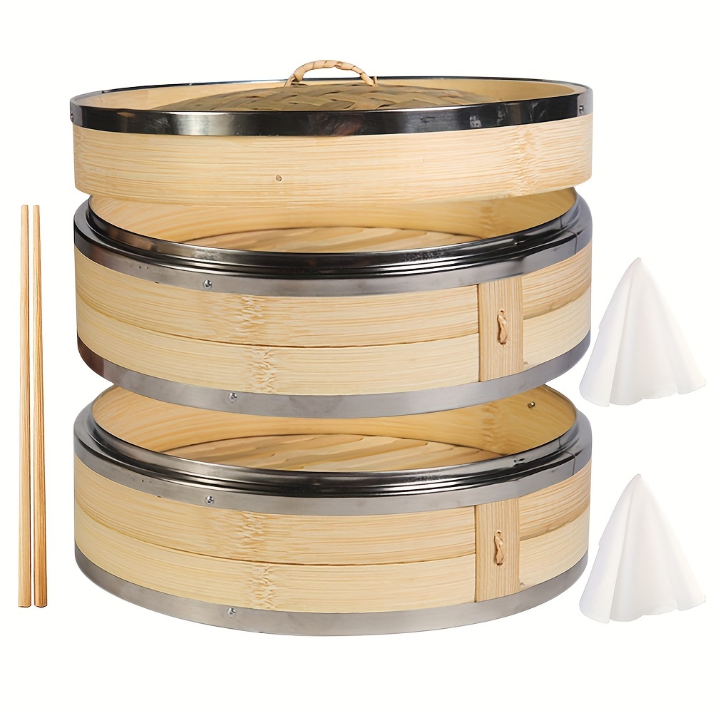 

Premium 2-tier Kitchen Bamboo Steamer With Stainless Steel Rings, 3 Tier Basket For Asian Cooking | 1 Pair Of Chopsticks, Each Tier With 1 Liner | Steam Buns Dumplings Vegetables Fish Rice