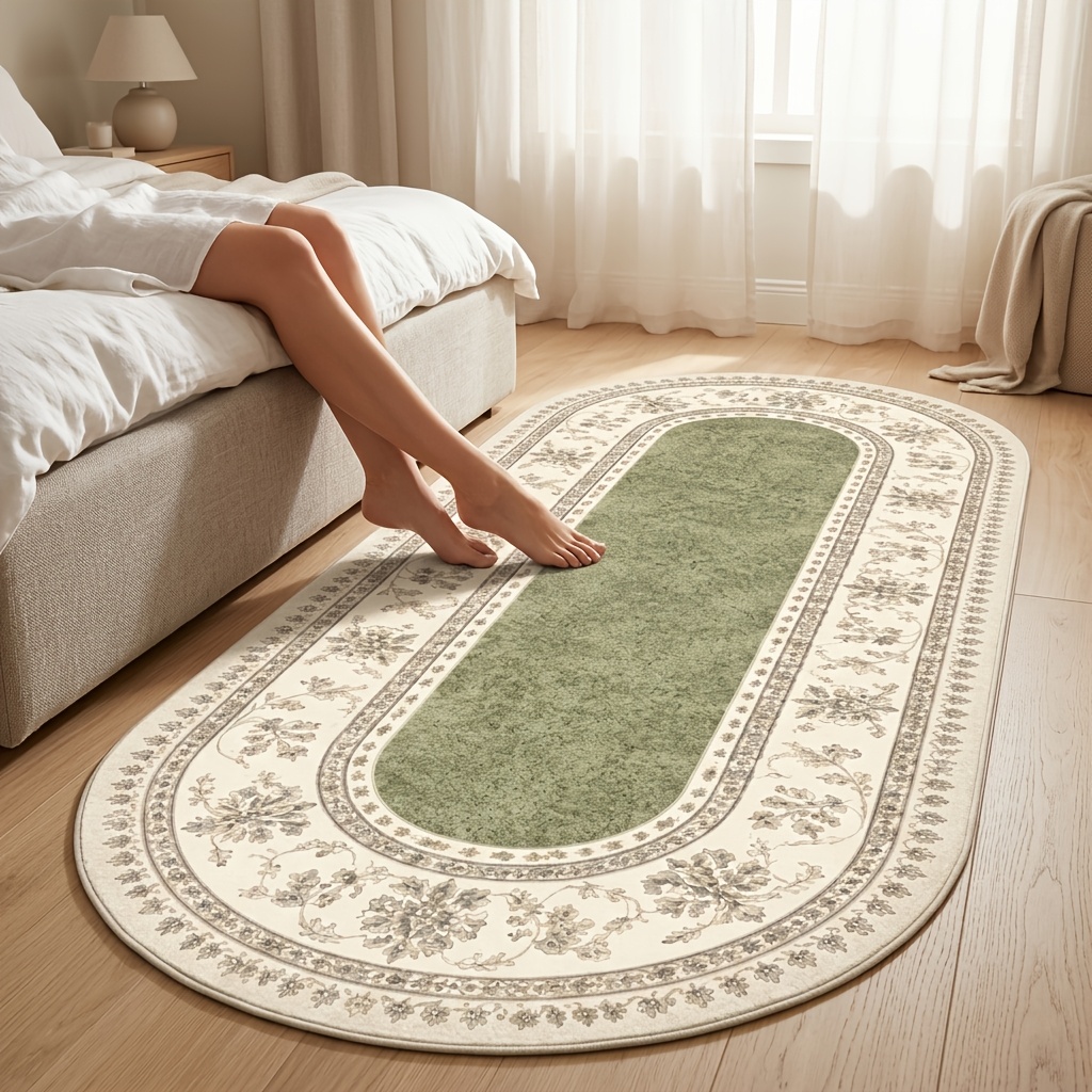 TEMU 1pc Green Oval Medallion Runner Rug, Soft And Washable 800g/mÂ² Velvet Floor Mat, 2d Flat-printed Vintage Decorative Rug, 0.28-inch Thick