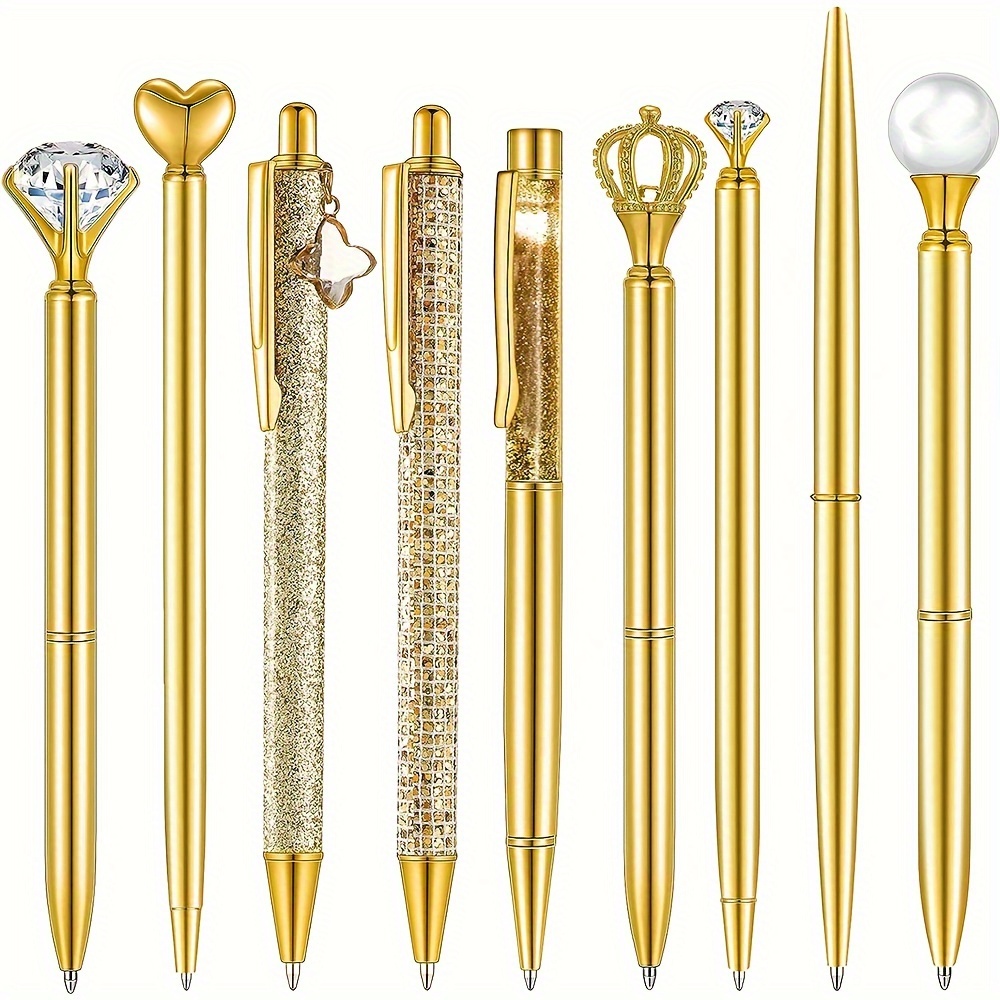 

9 Pcs. Golden Ballpoint Pens: Metallic Crystal Pens, Diamond Pens, Liquid Sand Glitter Pens - . Pens For Female Students. Stylish Pens For School Or Office Desk. Suitable For 14 And Up.