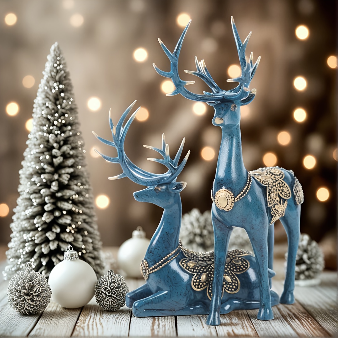 

Deer Figurine Home Decor Set Of 2, Holiday Deer Tabletop Holiday Figurine Christmas Decorative Gifts For And Colleagues (blue)