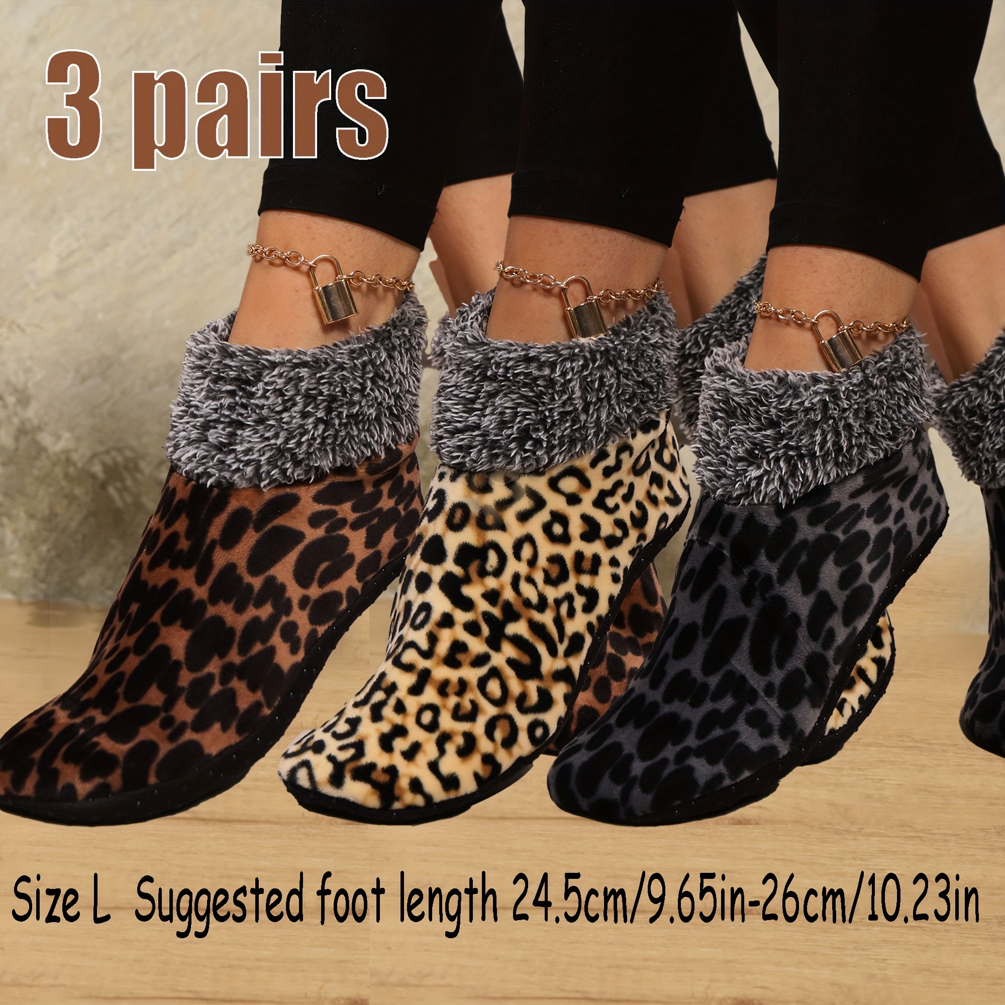 Image of 3 Pairs Women's Leopard Print Plush-lined Ankle Socks - Warm Winter Indoor House Slippers, Elegant Special Collection Lounge Socks For Cold Weather, Comfortable Loungewear, Accessory
