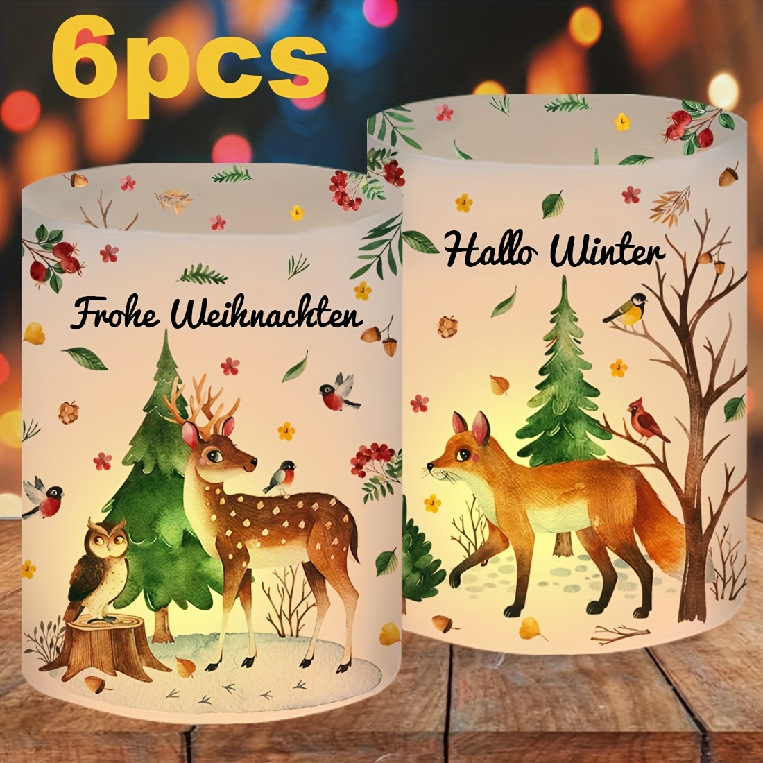 TEMU 6-pack German-themed Christmas Candle Holders With Winter Deer & German Phrases (e.g. " Winter") - Windproof Plastic Tabletop Candelabras For