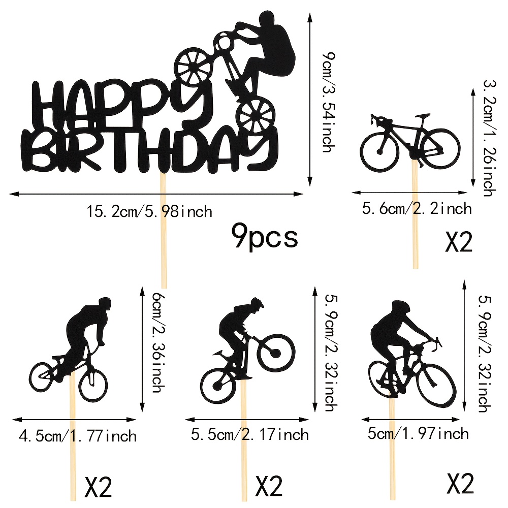 9pcs Bicycle Cupcake Toppers Glitter Bike Theme Cupcake Decorations Sports Theme Birthday Party Cake Decorating Supplies