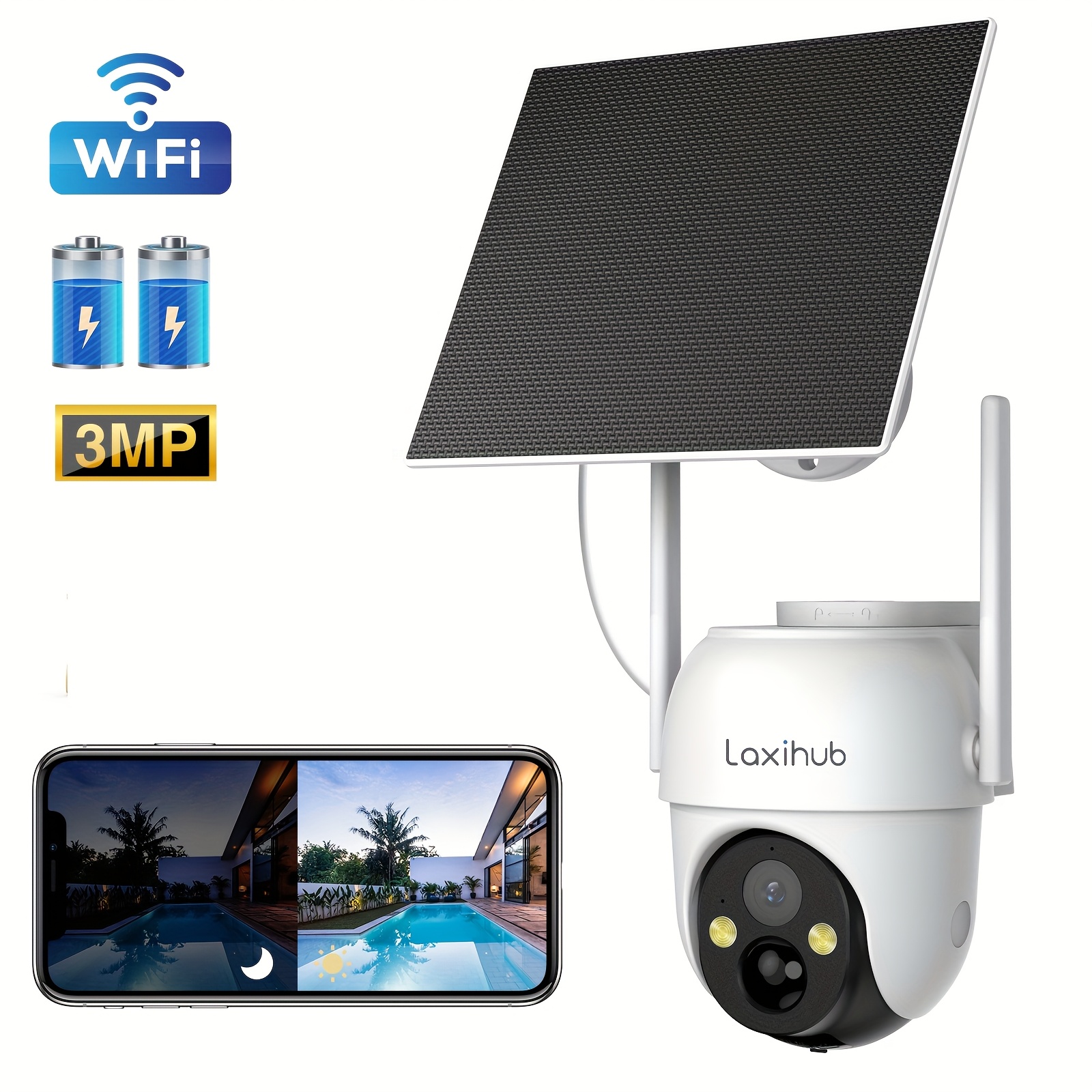 Image of Laxihub Solar Panel Wireless Security Camera, Fhd Outdoor Cam With Color Night Vision, 3mp 1296p High Resolution, Wi-fi Smart Camera, Baby Elderly And Pets , 2-way Audio, Ptz Technology, App Control