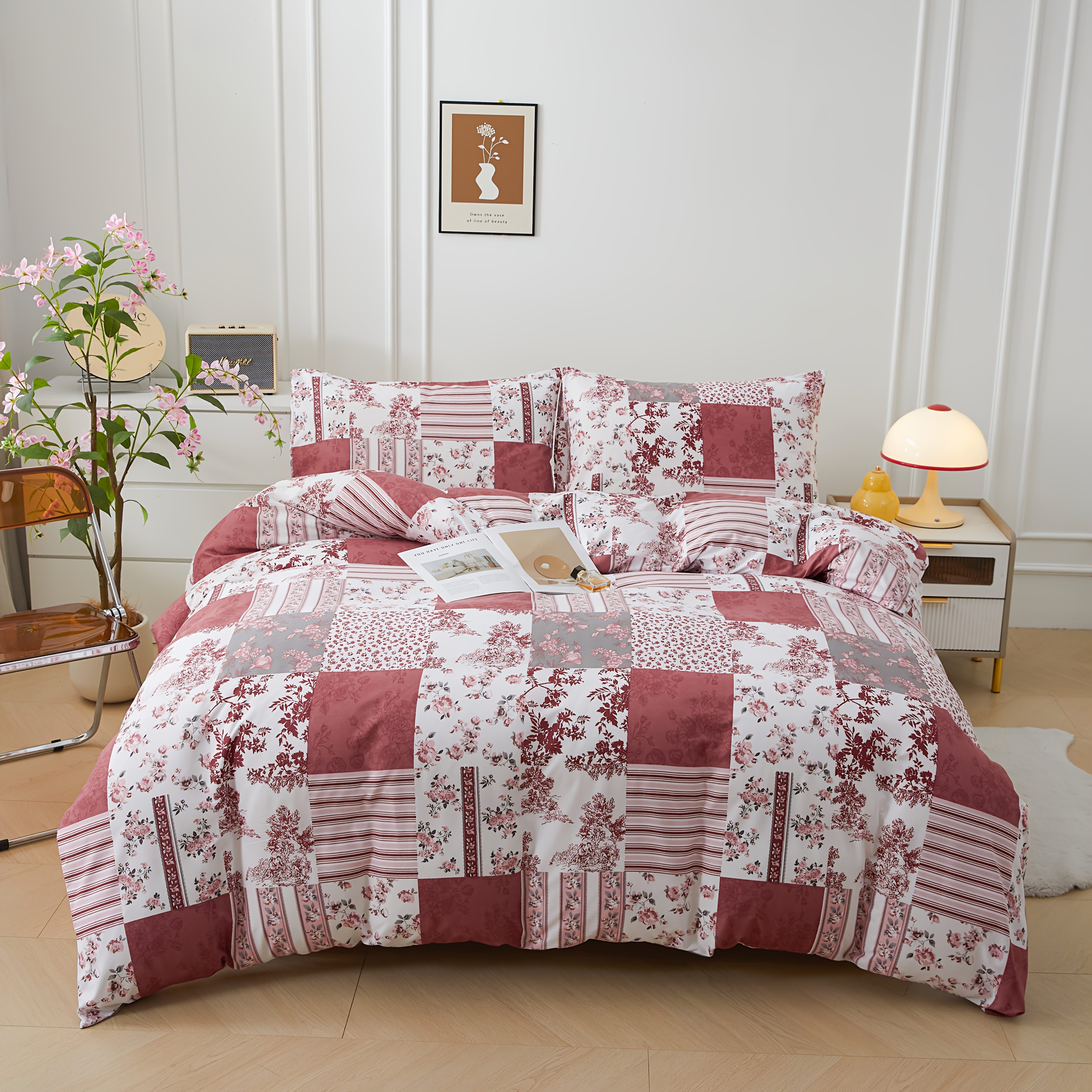 Image of 3pcs Duvet Cover Set. Plaid Floral, Lightweight Design, 100% Polyester Fabric, Bedding, Suitable For Living Room And Bedroom, 1pc Duvet Cover And 2pcs Pillowcases Without Filling