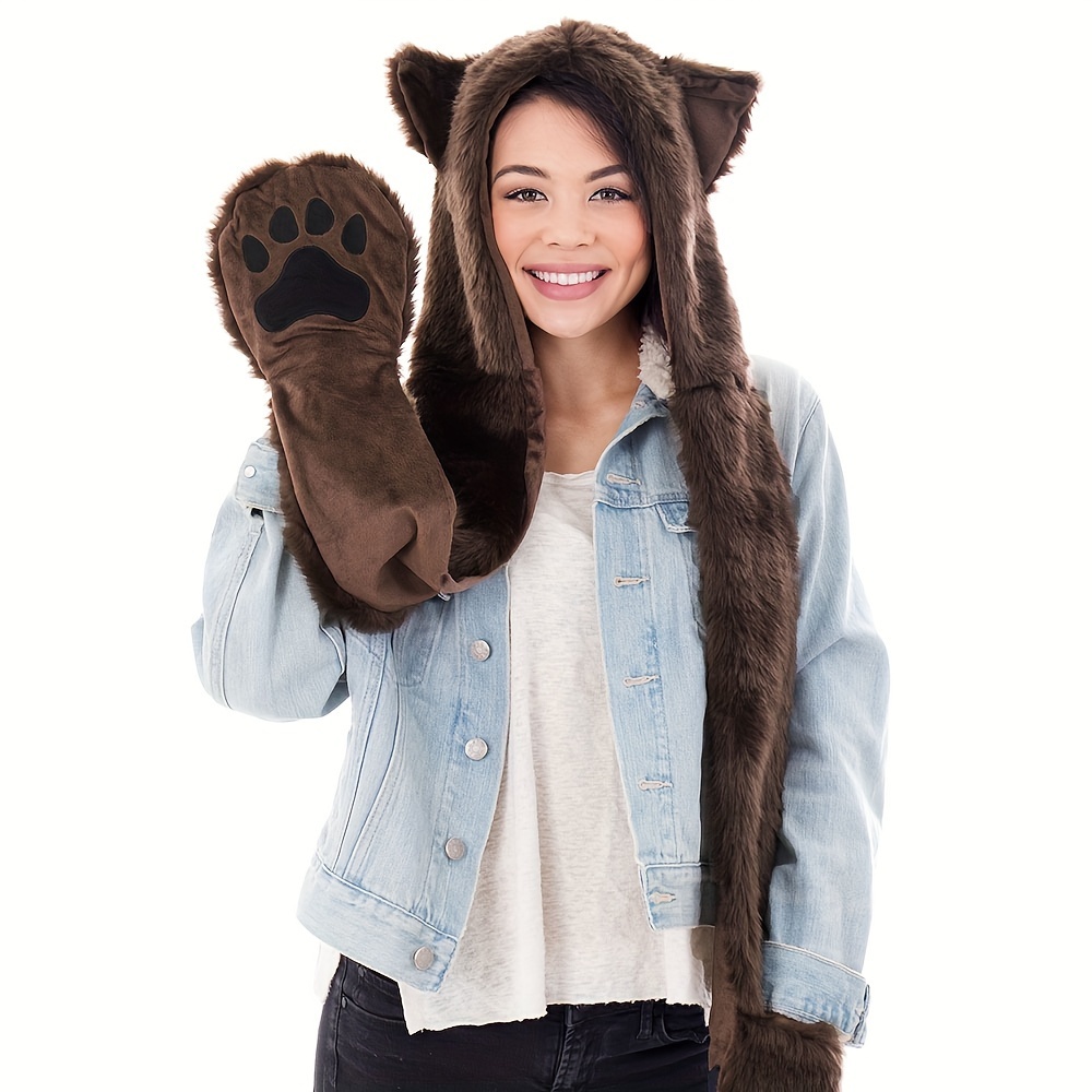 

Winter Warm Plush Faux Fur Animal Paws Hat Hoods Gloves Scarf