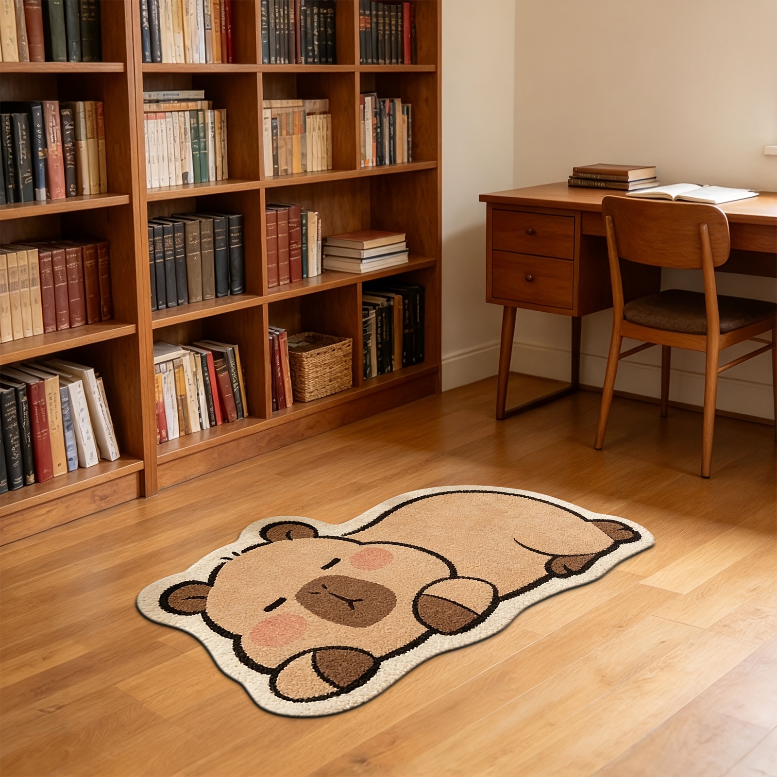 TEMU 2d Flat Cute Capybara Plush Rug - Cartoon Capybara Sleeping Design Bedside Carpet, Brown Series Irregular Shaped Non-slip Floor Mat, Washable