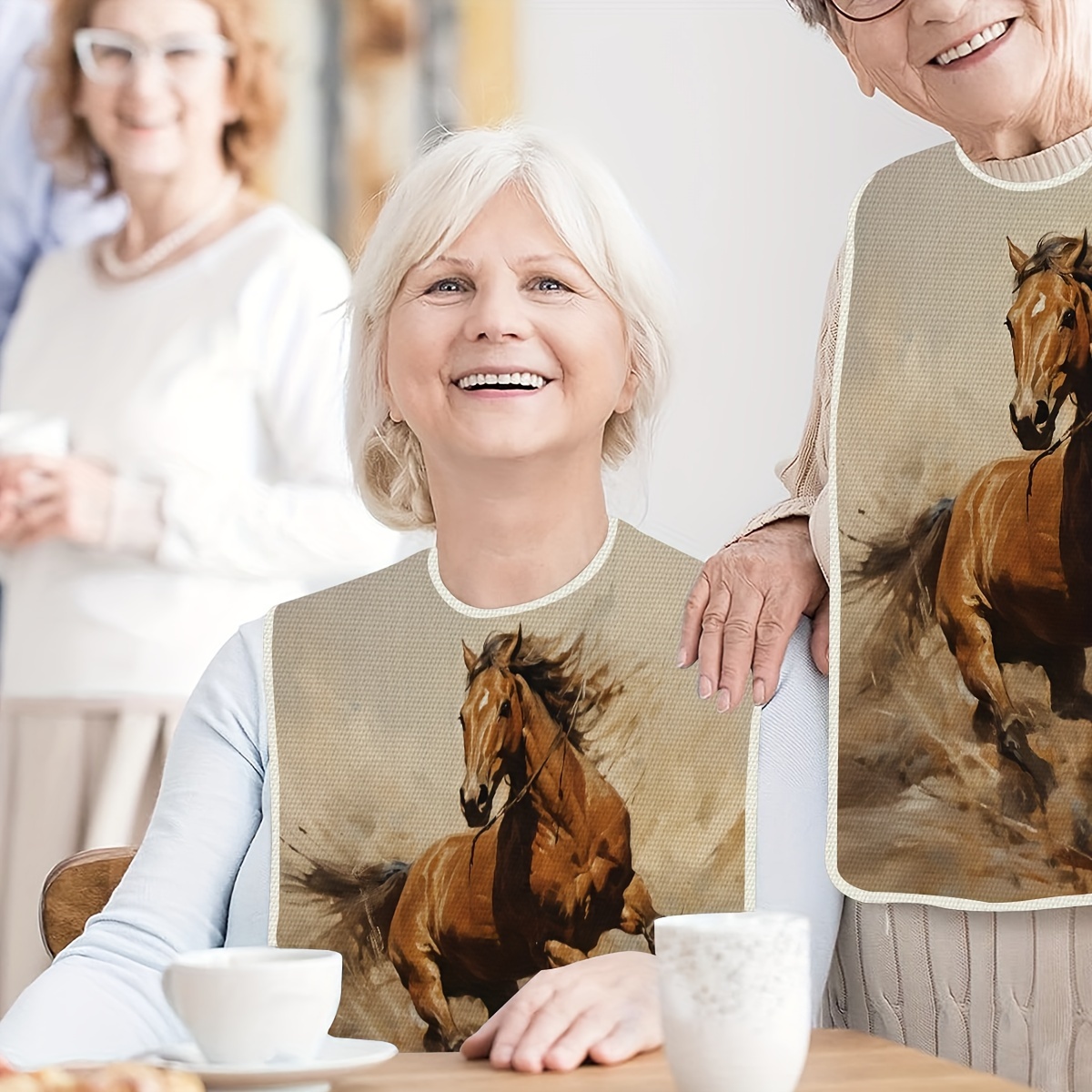 

Festive Linen Adult Bib With Horse Print: Durable And Comfortable, Perfect For Restaurants, Parties, And Home Use