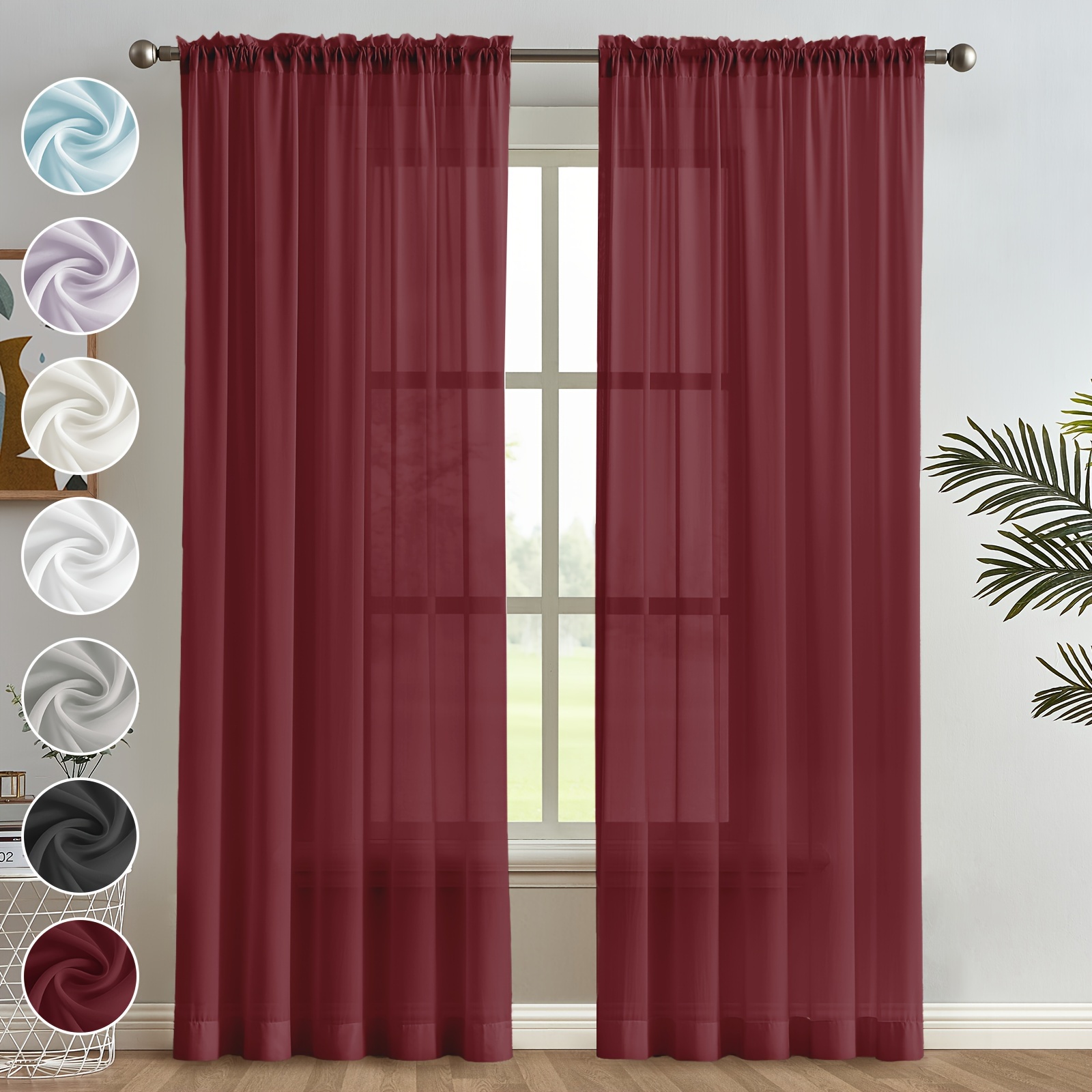 

2pcs Chiffon Sheer Curtains Rod Pocket Light Filtering Sheer Drapes Soft Silky Texture Sheer Window Panels For Living, Dining, Bedroom Decor