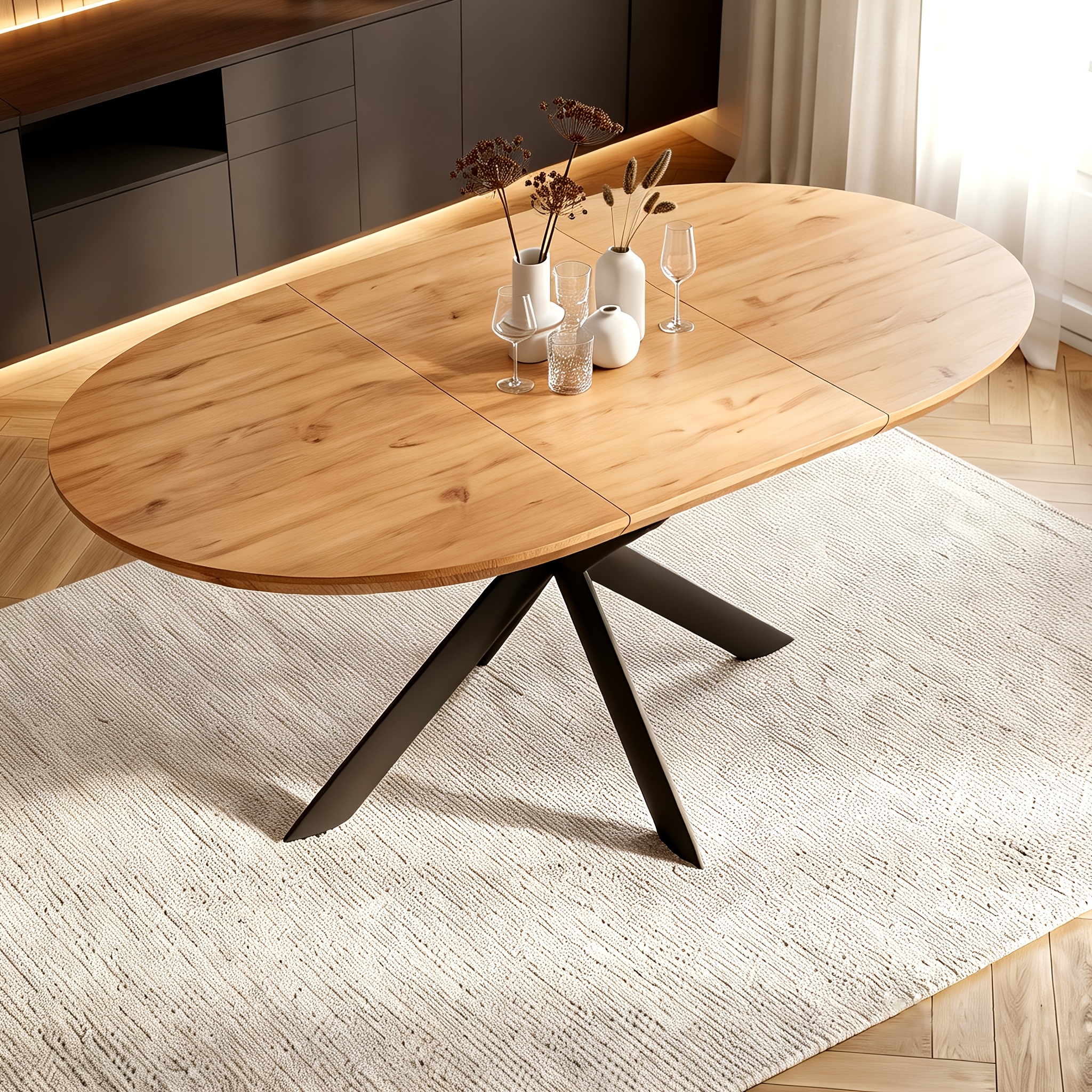 Image of Extended 130cm-170cm Oval Coffee Table, Modern Living Room Table, Mdf Tabletop, Sturdy Golden Metal Legs, Seats 6-8 People (oak And Black)