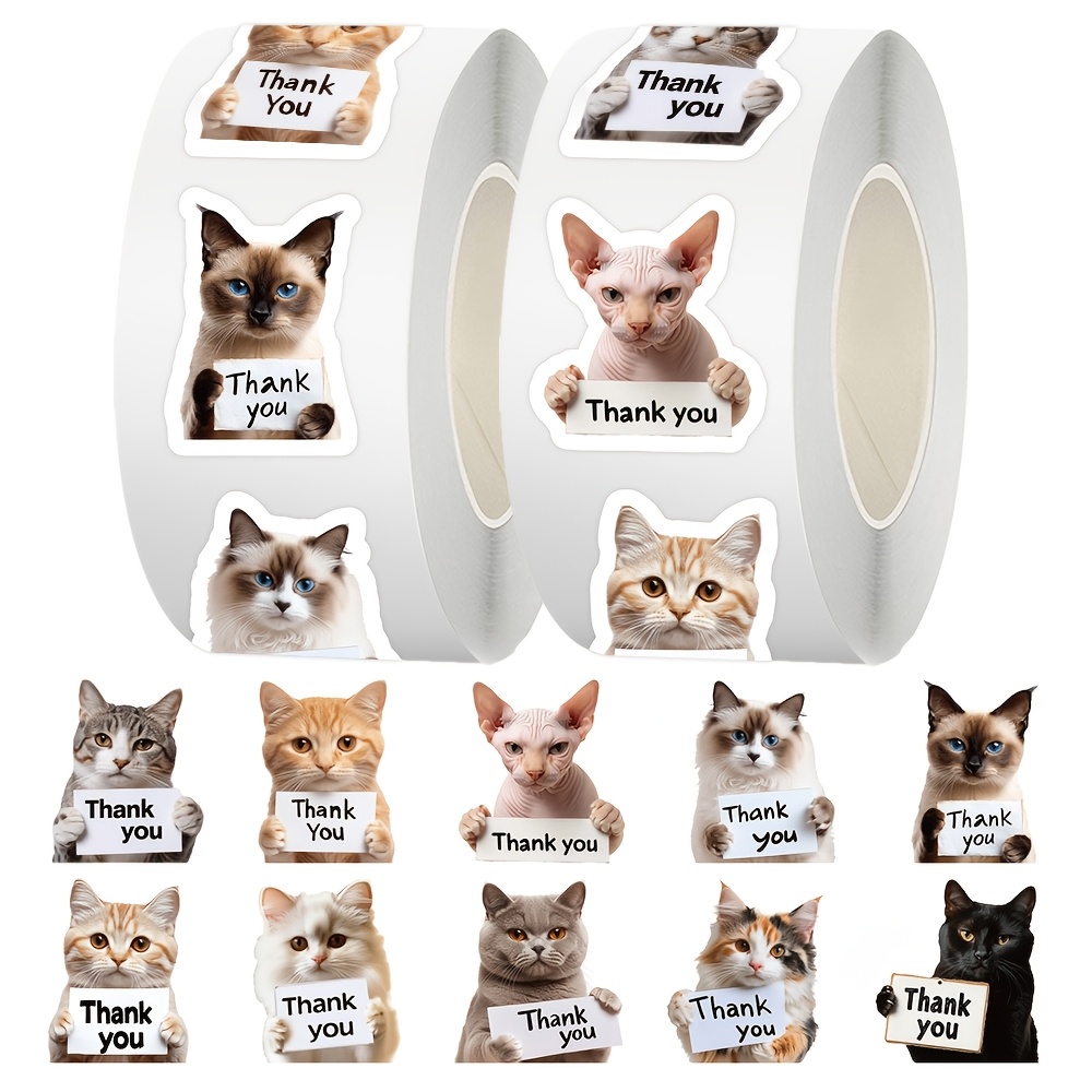 E-shop 500 Stk. niedliche lustige Katzen, die Schilder halten, um Dankbarkeit auszudrücken! Selbstklebende Aufkleber, ausgeschnittene dünne Aufkleber