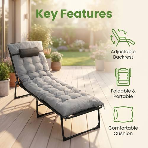 adjustable padded sun lounger folding portable outdoor chair with side pocket headrest for beach patio poolside lawn camp