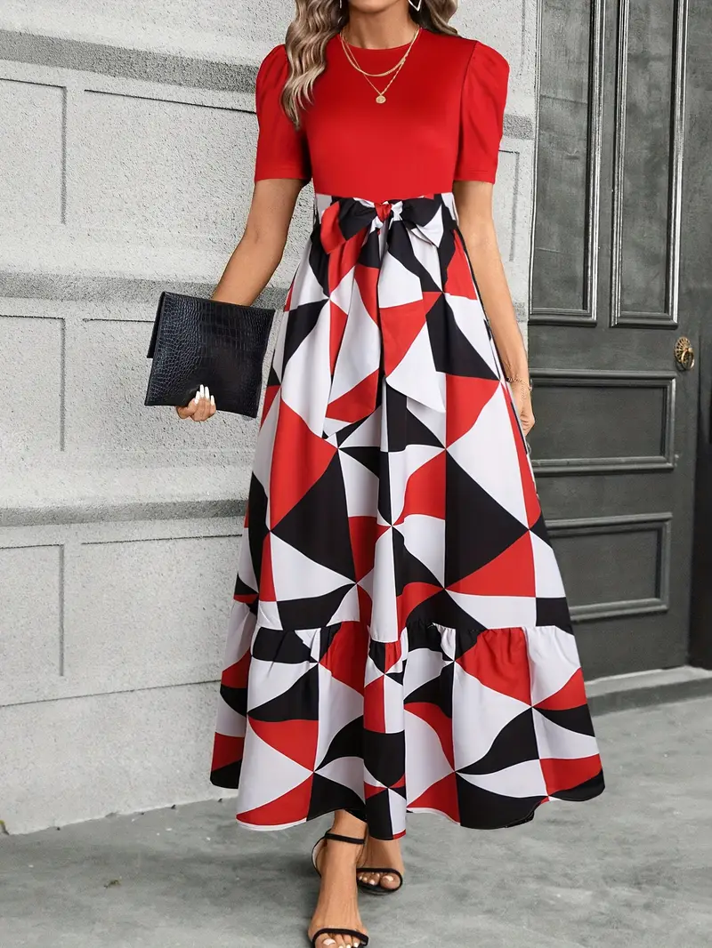 elegant geometric print maxi dress bow detail red black - Temu Mauritius elegant geometric print maxi dress bow detail red black - Temu Mauritius