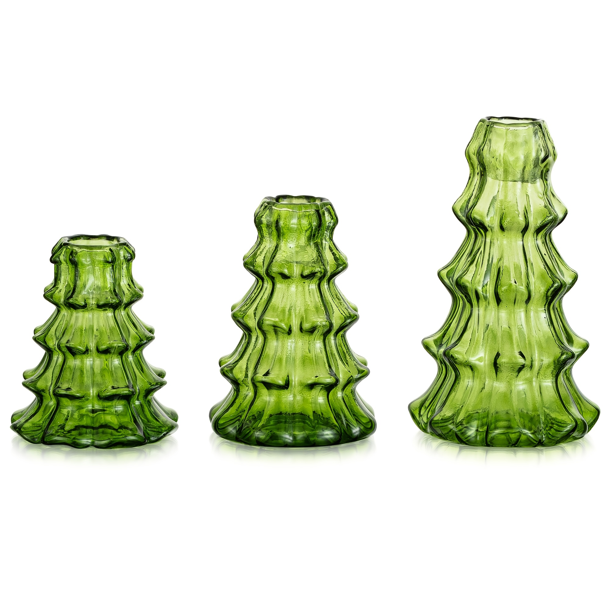 Image of Set Of 3 - Green Glass Taper Candle Holders In Of Christmas Trees