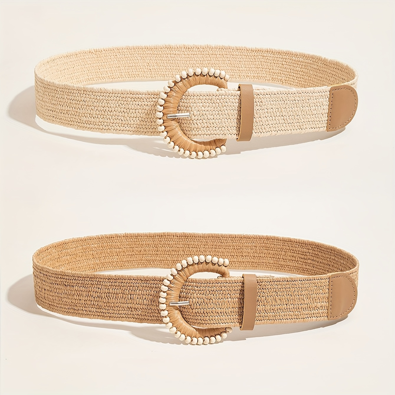 2pcs Women's Spring/Summer Bohemian Half-Round Beaded Button PP Straw Strap Beach Vacation Outfit Set
