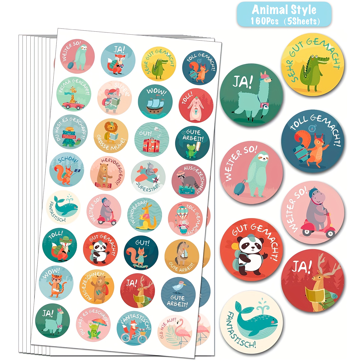 Image of 160pcs German Animal Self-adhesive Stickers, 25mm Motivational 32 Patterns Self-adhesive Stickers, German Stickers, Animal Stickers Supplies For Office Envelope Gift Party Decor Sticker