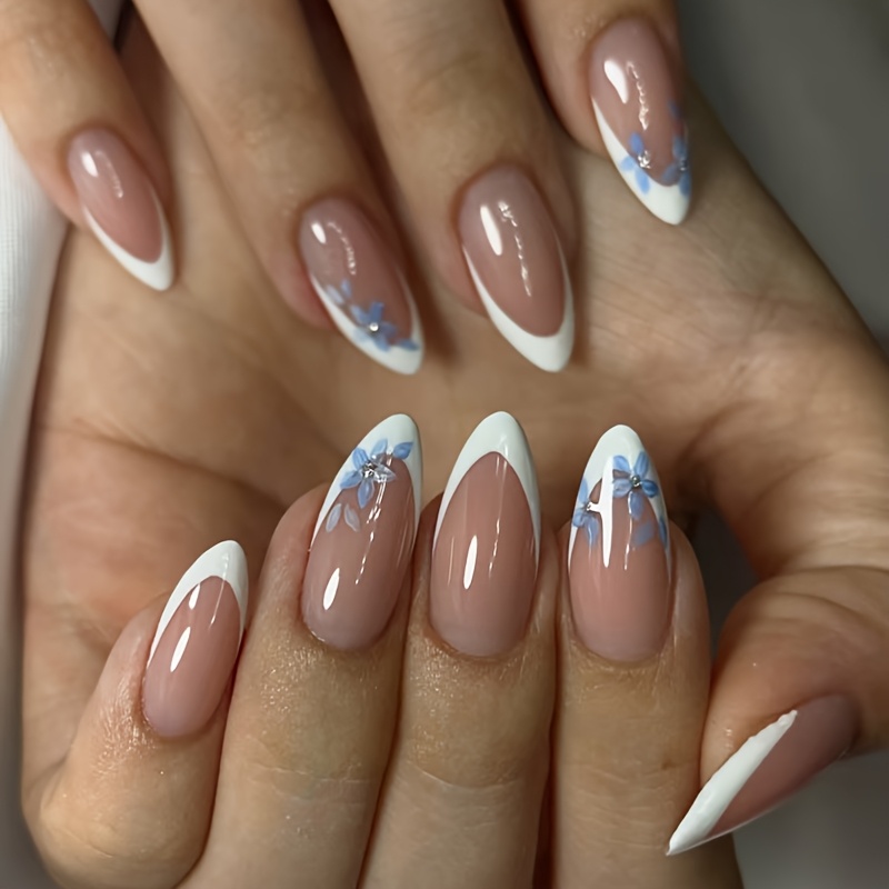 TEMU 24-tlg. abnehmbare Nagelkunst, weißer französischer Jasmin, kleine Blume, frischer Stil