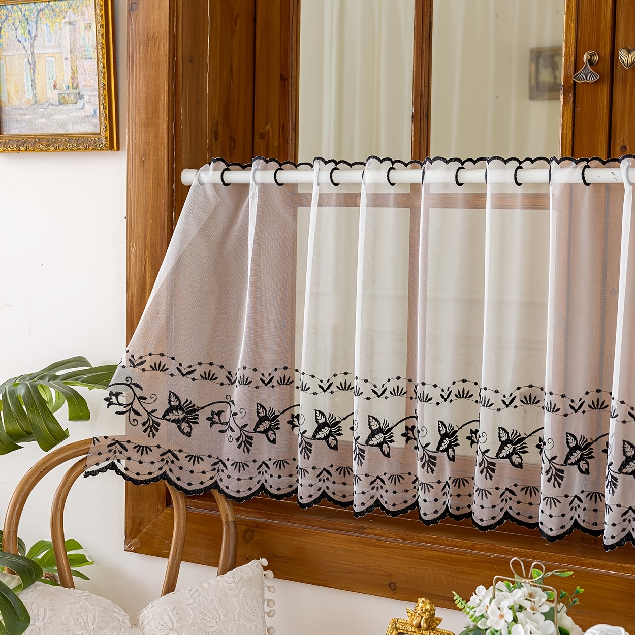TEMU 1panel Vintage Embroidered Sheer Short Curtain, Rod Pocket, Exquisite Black Embroidery, Suitable For Living Room, Kitchen, Bedroom, Dining Room,