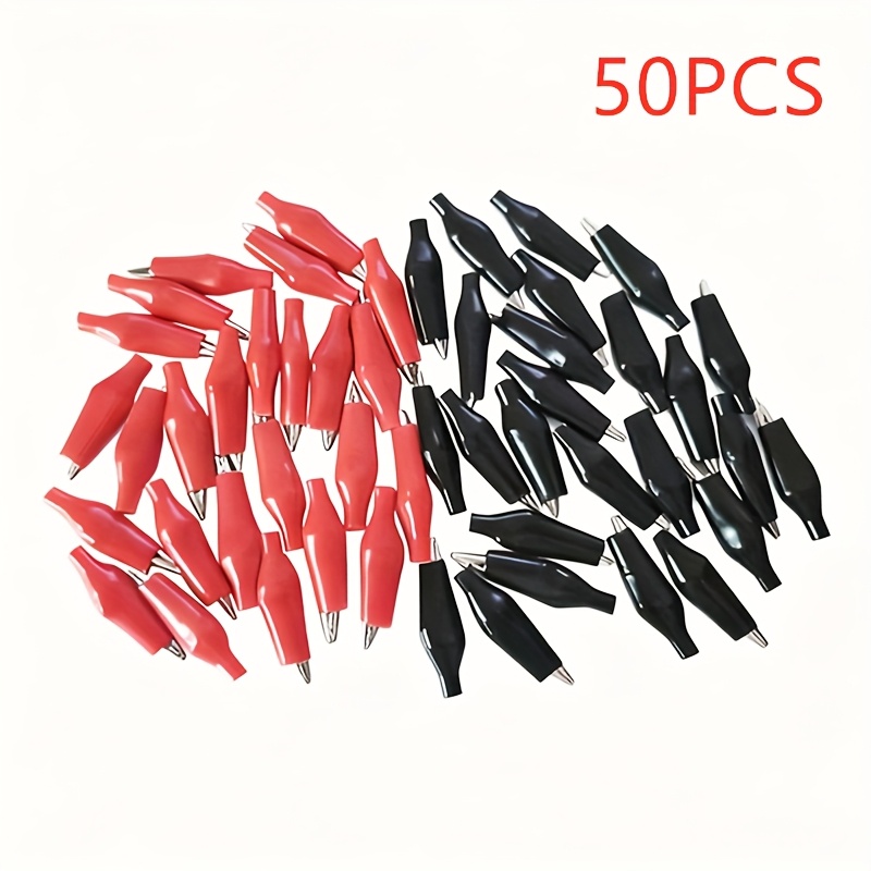 TEMU 50pcs Pack Of Mini Alligator Clips, 28 Mm - Black And Red Plastic Sleeves, Durable Iron Construction, Suitable For Electrical Testing