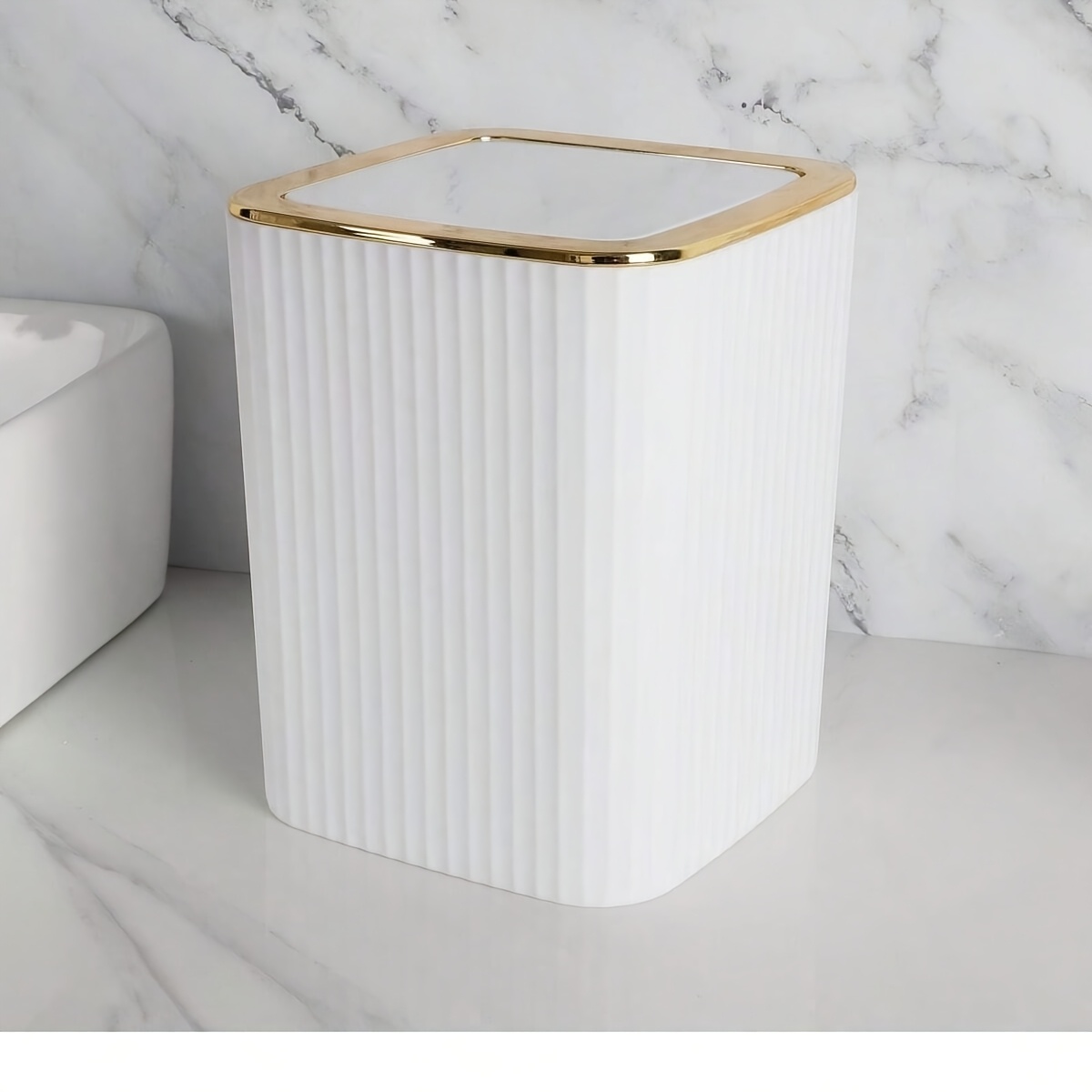1 Black Golden Trimmed Lidded Push-top Trash Can Black White Plastic Waste Bin Office Paper Basket Silent Closing Square Trash Can For Living Room Bedroom Bathroom And Kitchen Bathroom Additions