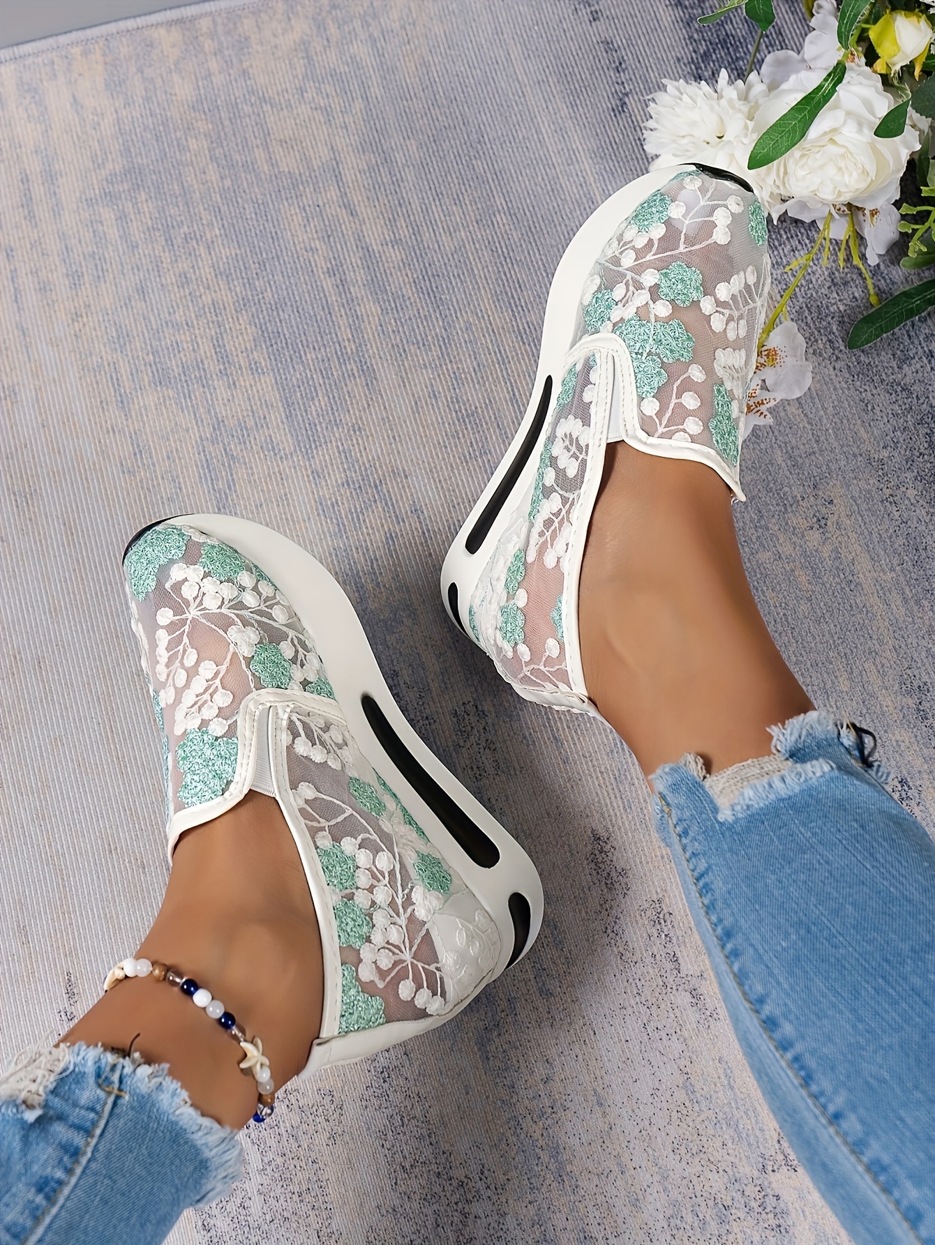 chic womens lace mesh sneakers breathable anti skid slip on platform shoes with   ladies sneakers details 4