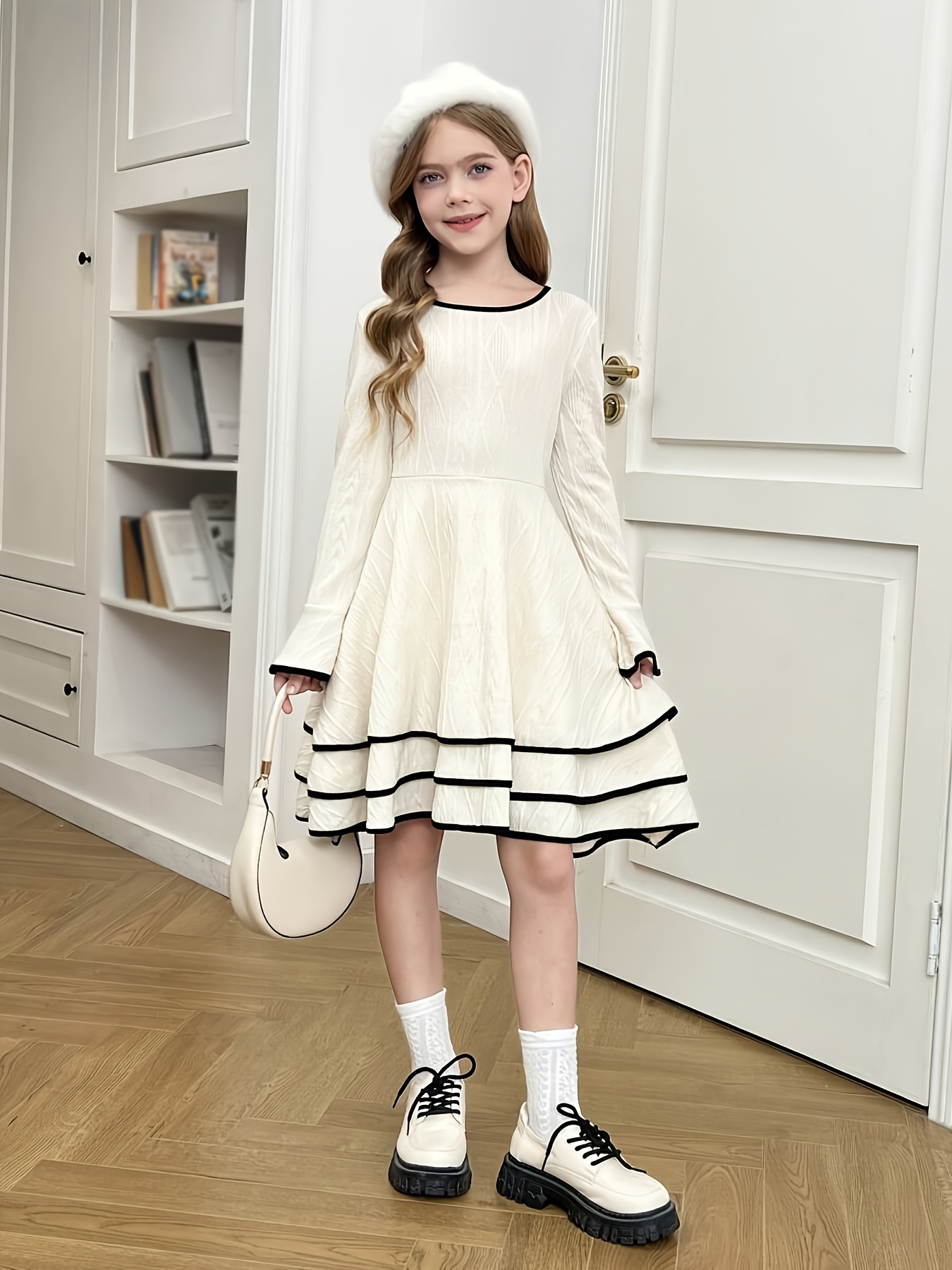 teen girls elegant flared long sleeve dress layered hem - Temu Oman