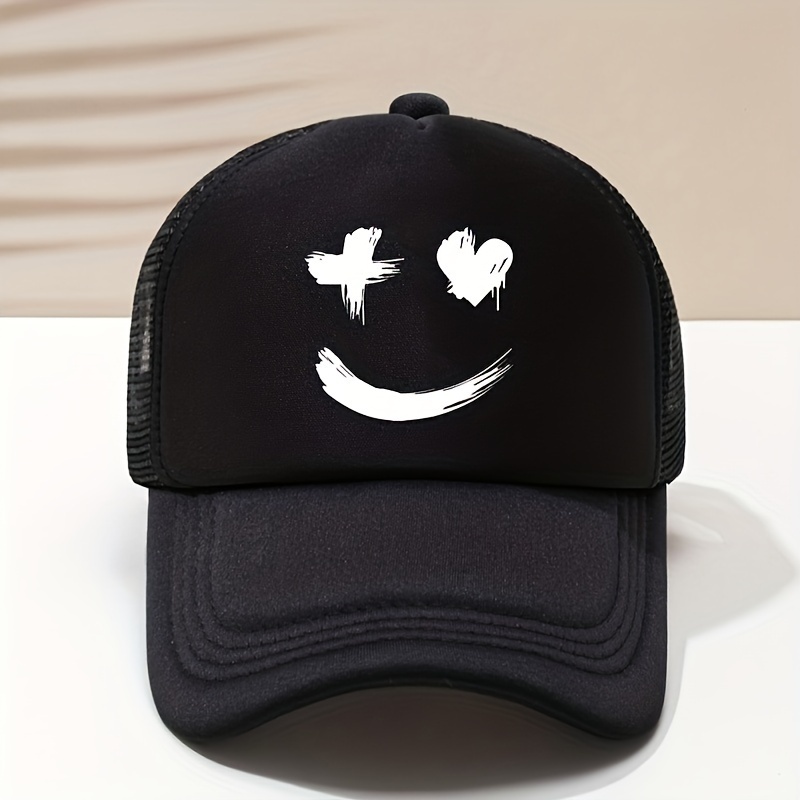 

Breathable Mesh Baseball Cap Heart Smile Print - Casual Sun Protection Hat For Outdoor Sports, Fishing & Couples