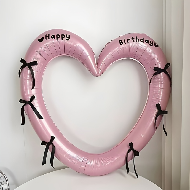 40-inch Bow Happy Birthday Hollow Heart Foil Balloon Set, Birthday Party Decoration And Photo Props