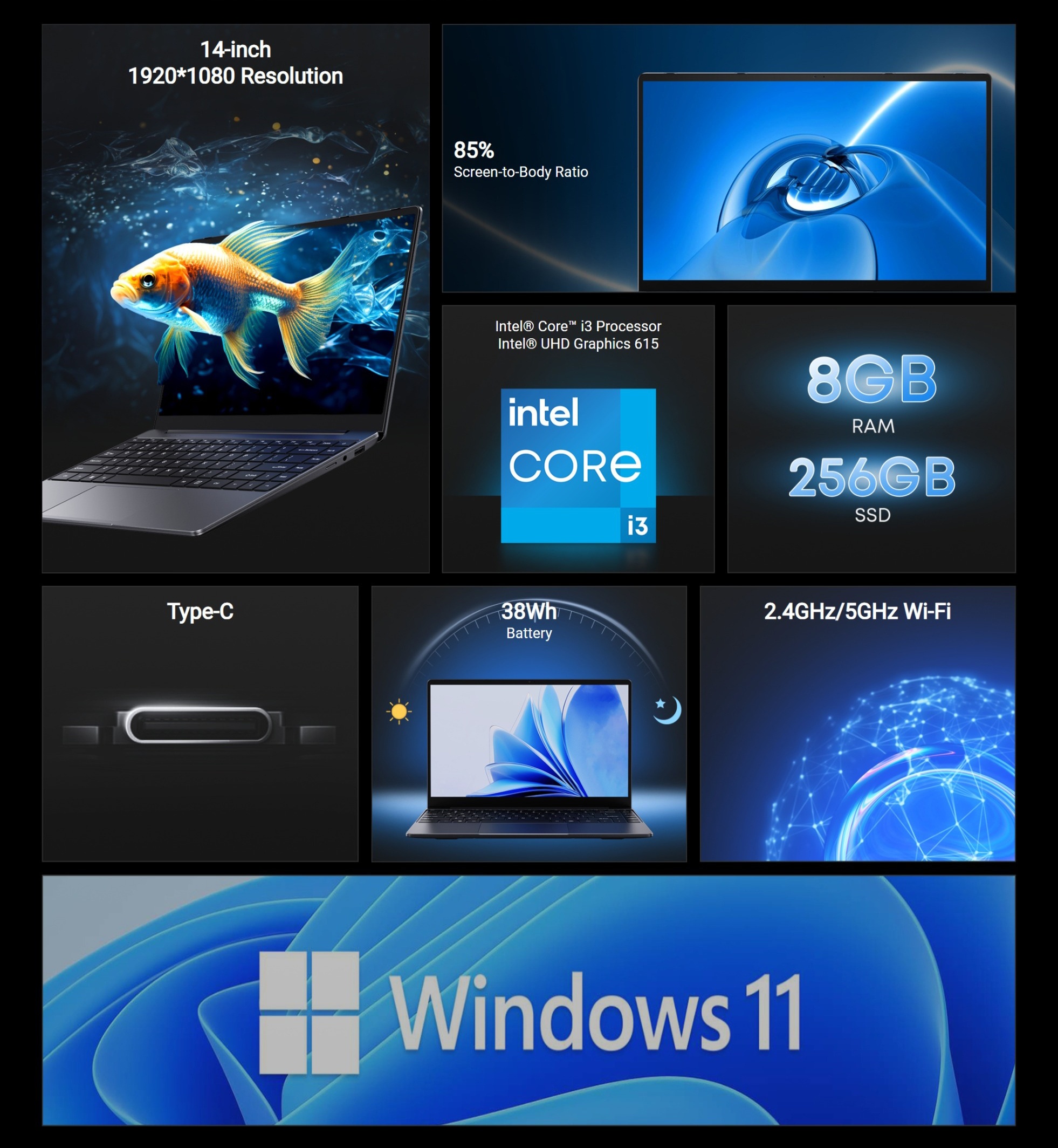 CHUWI CoreBook I3 Windows 11 Laptop, 14-inch FHD Computer, I3 10100Y (Tot 3,9 GHz, Verslaat M3-8100Y) Draagbare PC, 8GB RAM (Uitbreidbaar tot 16GB), 256GB SSD (Uitbreidbaar tot 1TB), TF-kaartslot (Ondersteunt tot 128GB), USB 3.0, HDTV, 3,5mm Audio-aansluiting, 2,4GHz/5GHz Wi-Fi, Draadloos 4.2