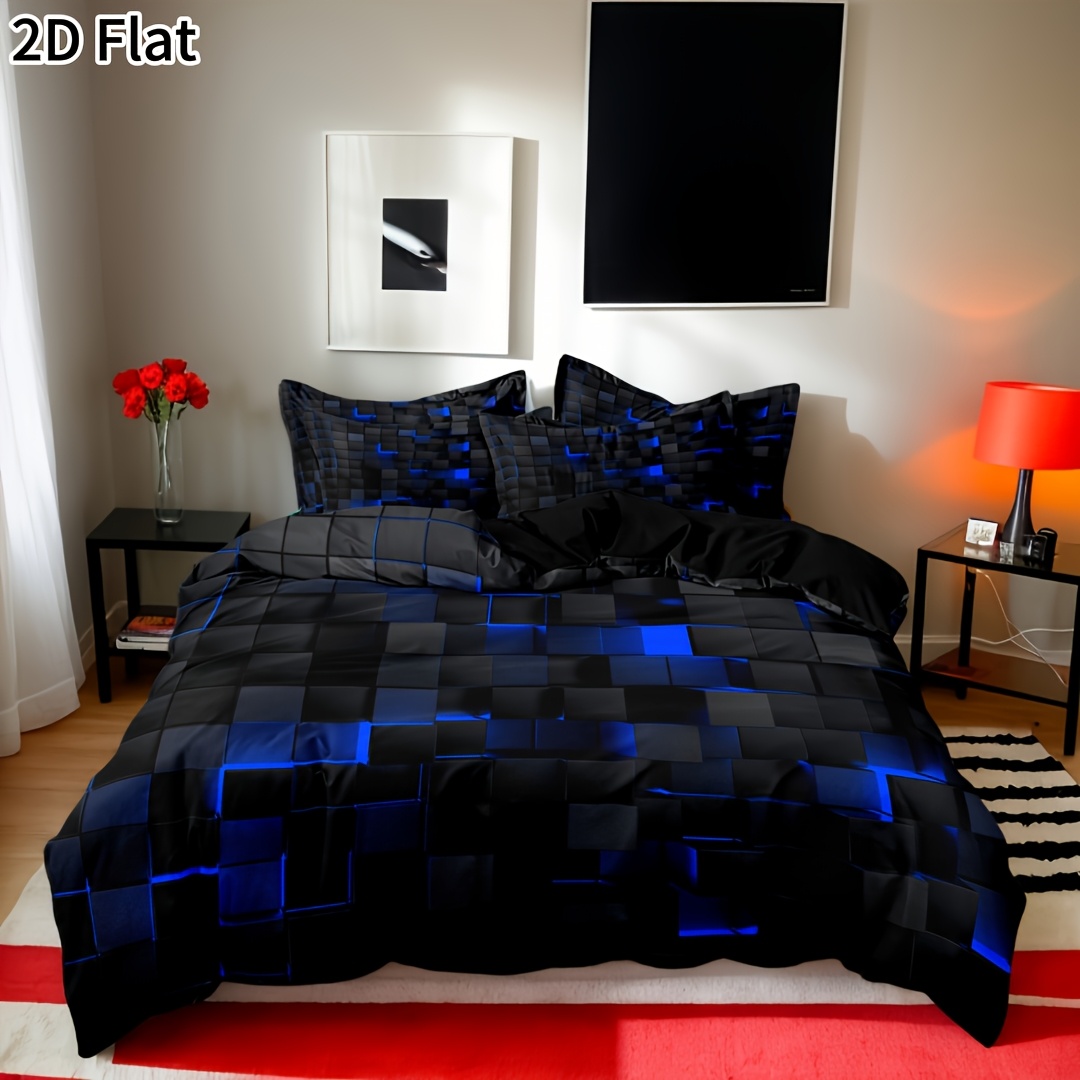 TEMU 3pcs 2d Flat Quilt Women's Duvet Cover Set (1pc Duvet Cover And 2pcs Pillowcases, No Filler), Cool Technology Grid Plaid Play Games Print, Soft