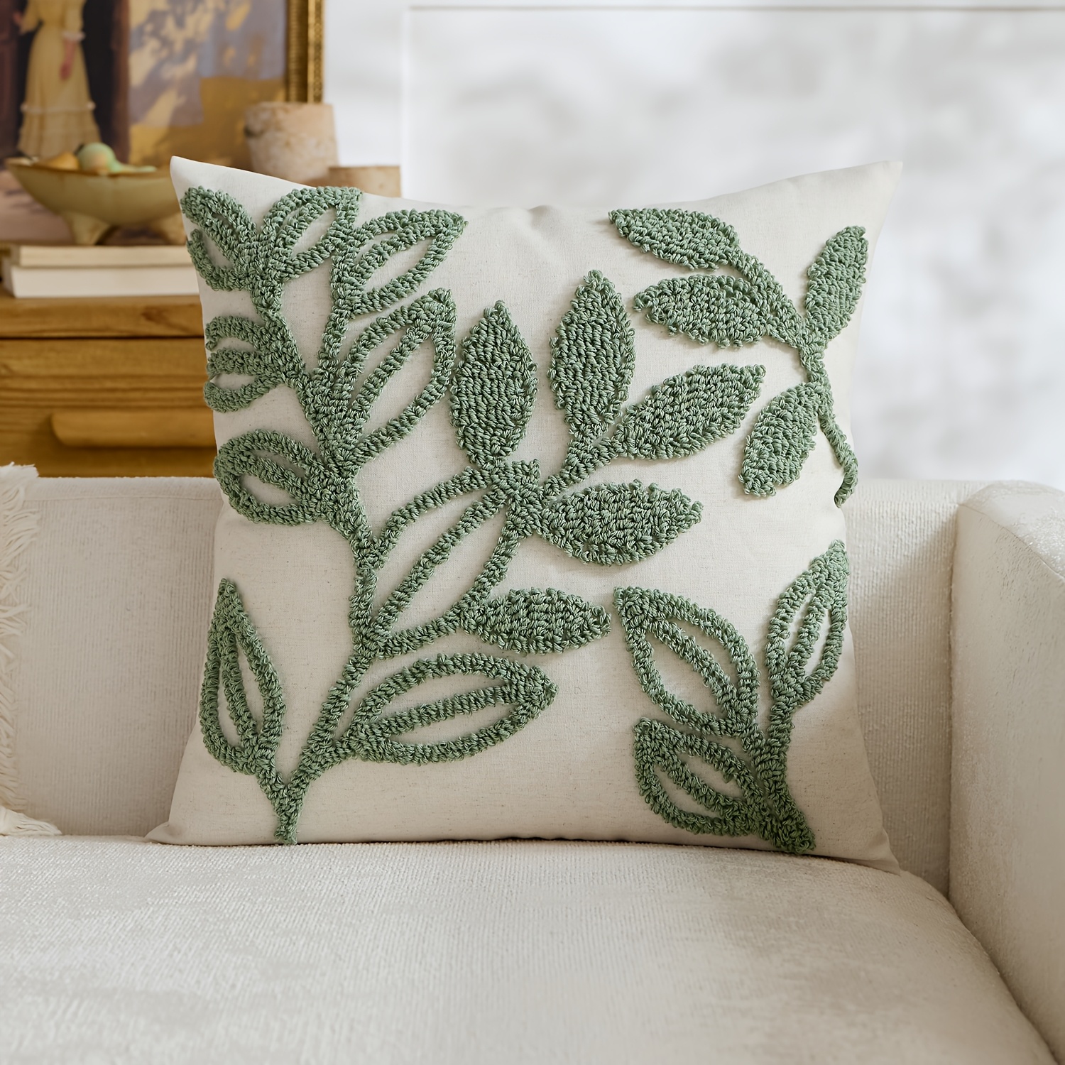 TEMU 1 pc, Taie d'oreiller en lin mélangé, Housses de coussin à poils bouclés feuilles, Broderie sur un , Taies d'oreiller printemps et été, Convient