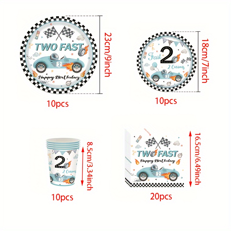 Image of Of 10/20/50pcs Of Disposable Tableware For A Birthday Celebration Featuring Cars, Checkered Flags, And , Including Plates, Cups, And Napkins For A Second Birthday Party