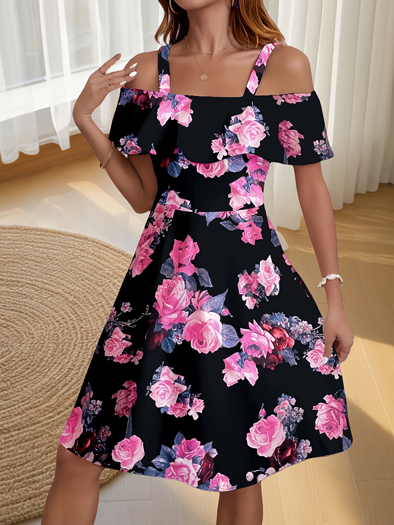 Women's Floral Print Off-Shoulder A-Line Dress - Short Sleeve Machine Washable Polyester-Spandex Blend, Black with Pink Roses & Green Leaves, Spring Summer Casual to Semi-Formal Wear, Floral Print Dress, Casual to Formal Wear, Summer Fashion, Medium Elasticity, Stretchy Fabric Gown, Daytime Outfit, Breathable Material, Adult Clothing