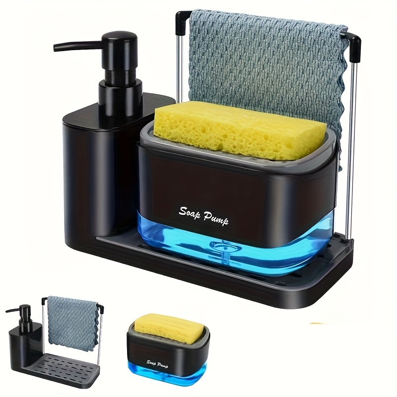 1pc high quality black multi functional kitchen sink organizer set dual soap dispenser with sponge holder 4 in 1 dishwashing soap dispenser   no electricity needed kitchen sink countertop bathroom use   dishwashing sponge and dish cloth holder dishwashing essentials modern kitchen accessory durable plastic material dishwasher holder