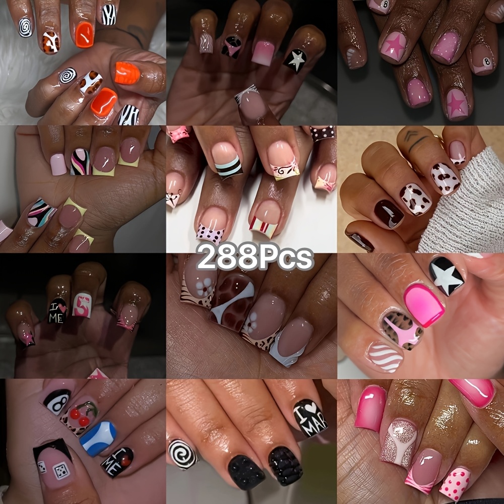 TEMU 288pcs Short Square Press-on Nails, Y2k Sweet Multi-, Featuring Letters, Stars, Leopard Print, Zebra Print, Etc., With A Sense Of Individual And