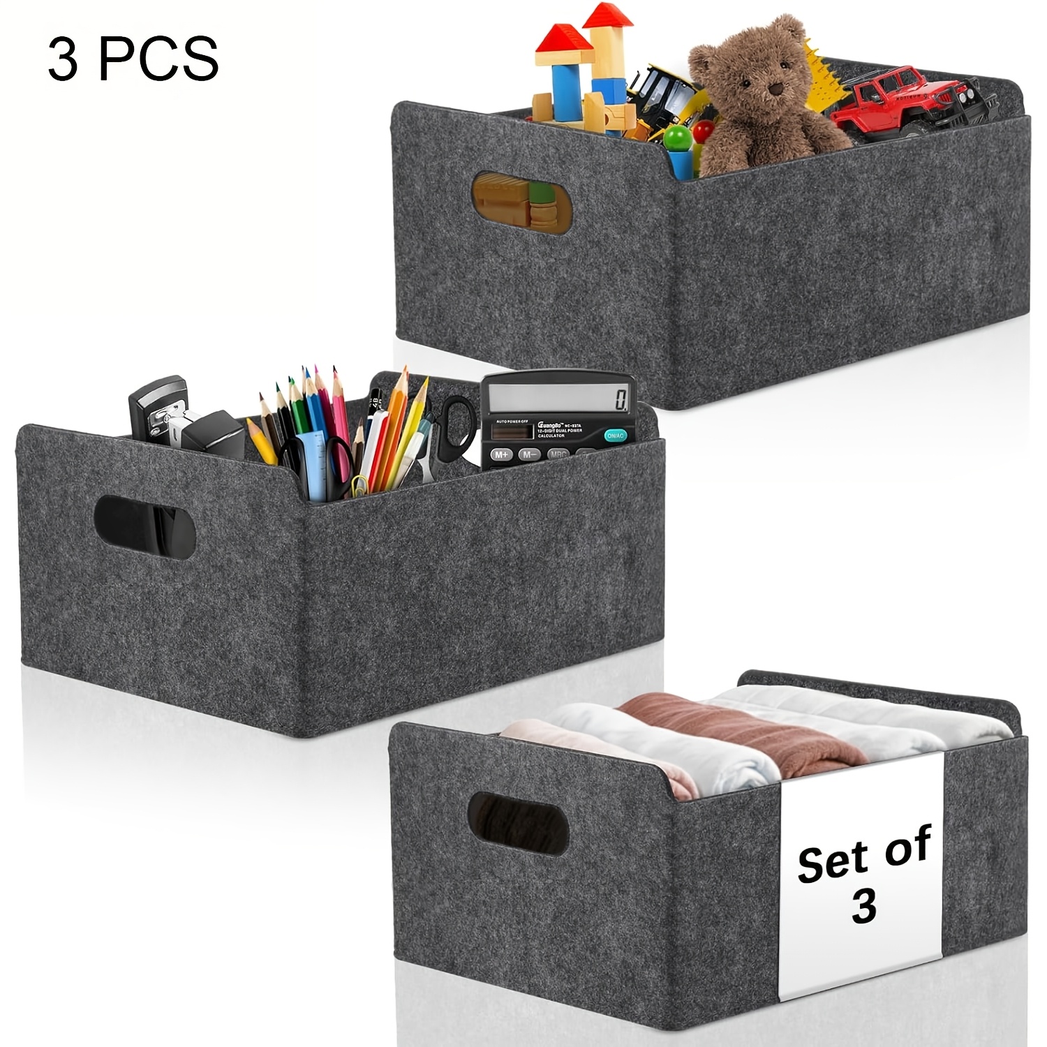 2 3pcs foldable felt storage baskets with handles stackable multi use organizer bins for clothes towels accessories 31x24x15cm dark grey bins for shelf wardrobe closet organization shelf baskets storage box