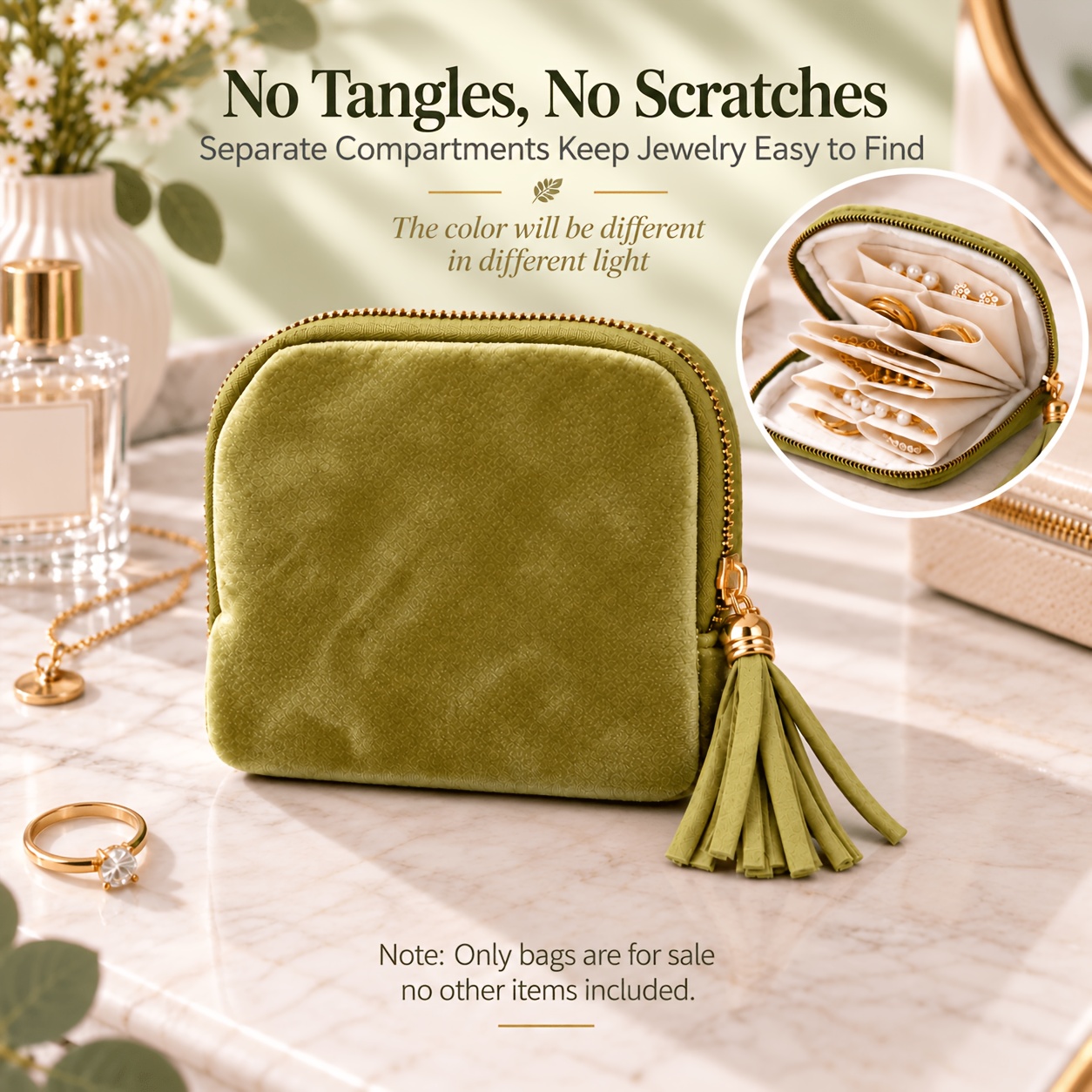 TEMU Borsa portatile multi-sezione in velluto per gioielli, design con cerniera e nappe, adatta per anelli, orecchini, collane, custodia da viaggio