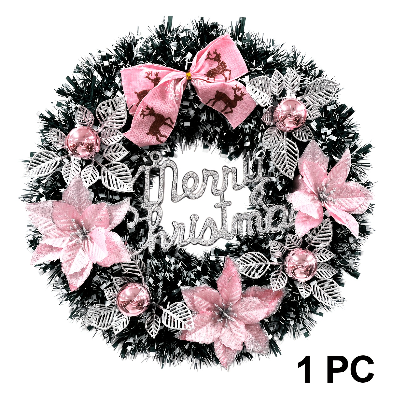 TEMU Christmas Doorway Artificial Wreath With Pink Poinsettias, Bow And Christmas Balls - Suitable For Indoor And Outdoor Use, Pink Holiday