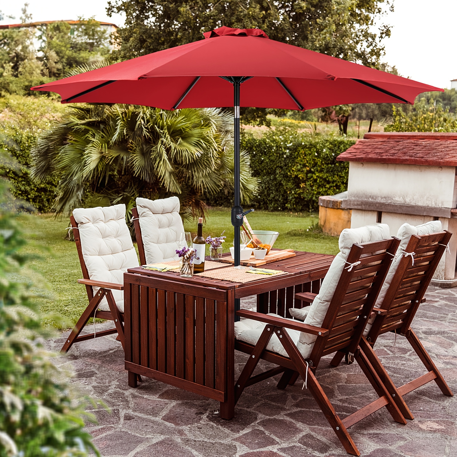 

Antonia Outdoor Umbrella For Patio, Pool Umbrella, Uv/water Resistant, Polyester Canopy, Suitable For Patio, Pool, Garden, Backyard, Deck - 9ft, Outdoor Furniture, Beige/red/blue