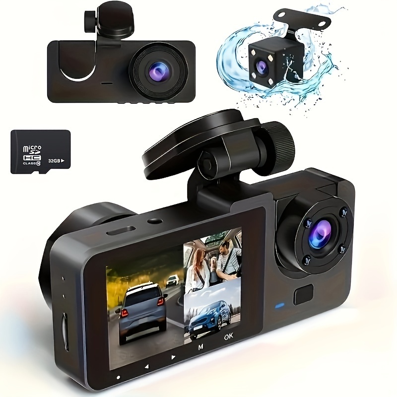 

3lens Car Dvr Hd Dash Cam Front Inside Rear Wide Angle Night Vision Loop Recording Camera Vehicle Accessories With 32g Card